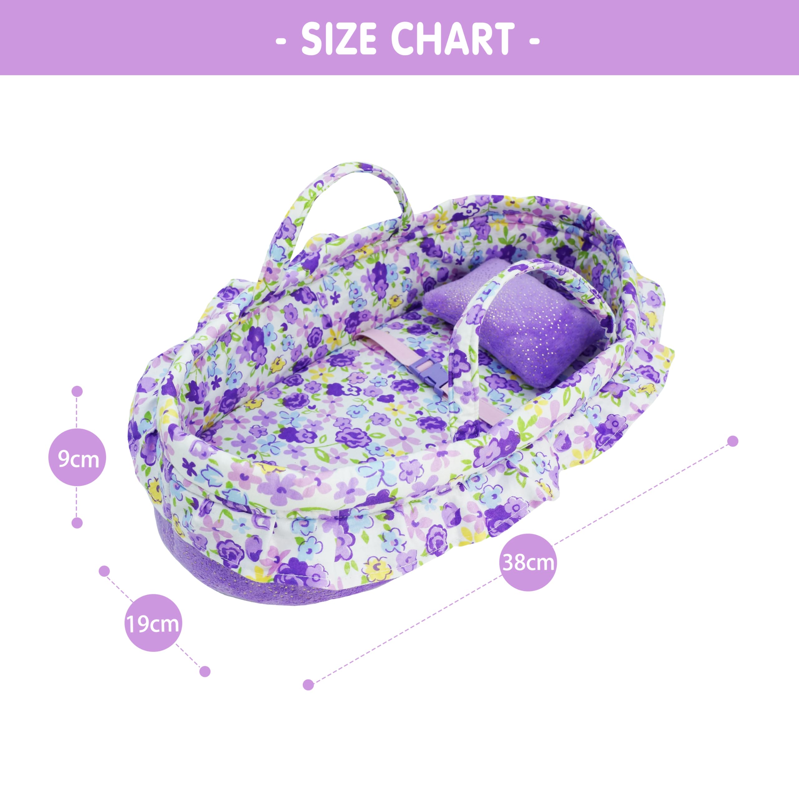 Cozy Dream - Culla portatile per bambole, adatta per bambole americane fino a 36 cm, cuscino morbido e fibbia di sicurezza inclusi, viola