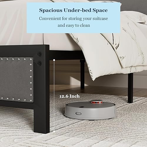 Miniatura 8 de VECELO Base de cama tamaño individual con cabecera tapizada, plataforma resistente con listones de acero fuertes, no necesita somier, fácil montaje,