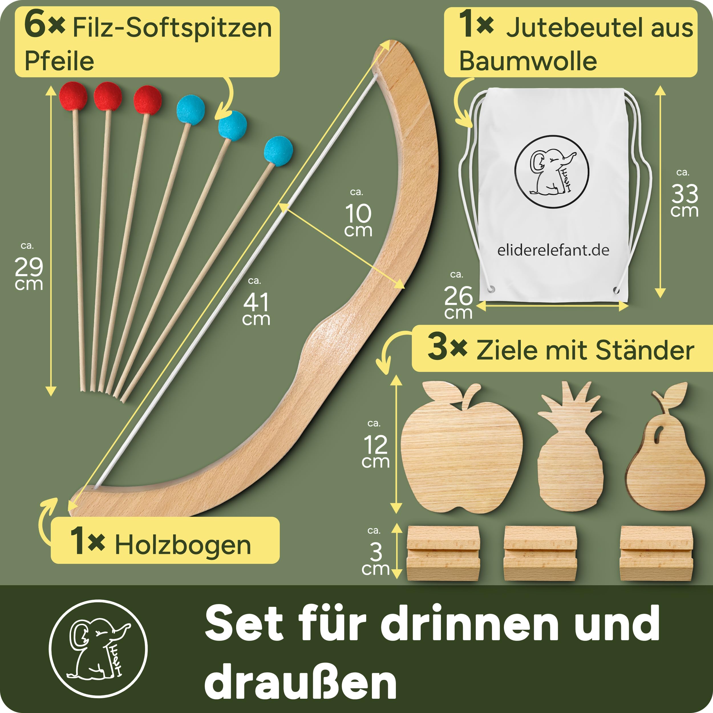 Eli® Arc et flèche pour enfants avec 6 flèches en feutre – 3 cibles et sac à dos en coton – Tir à l'arc pour enfants – Jouet en bois pour enfants à partir de 3 ans