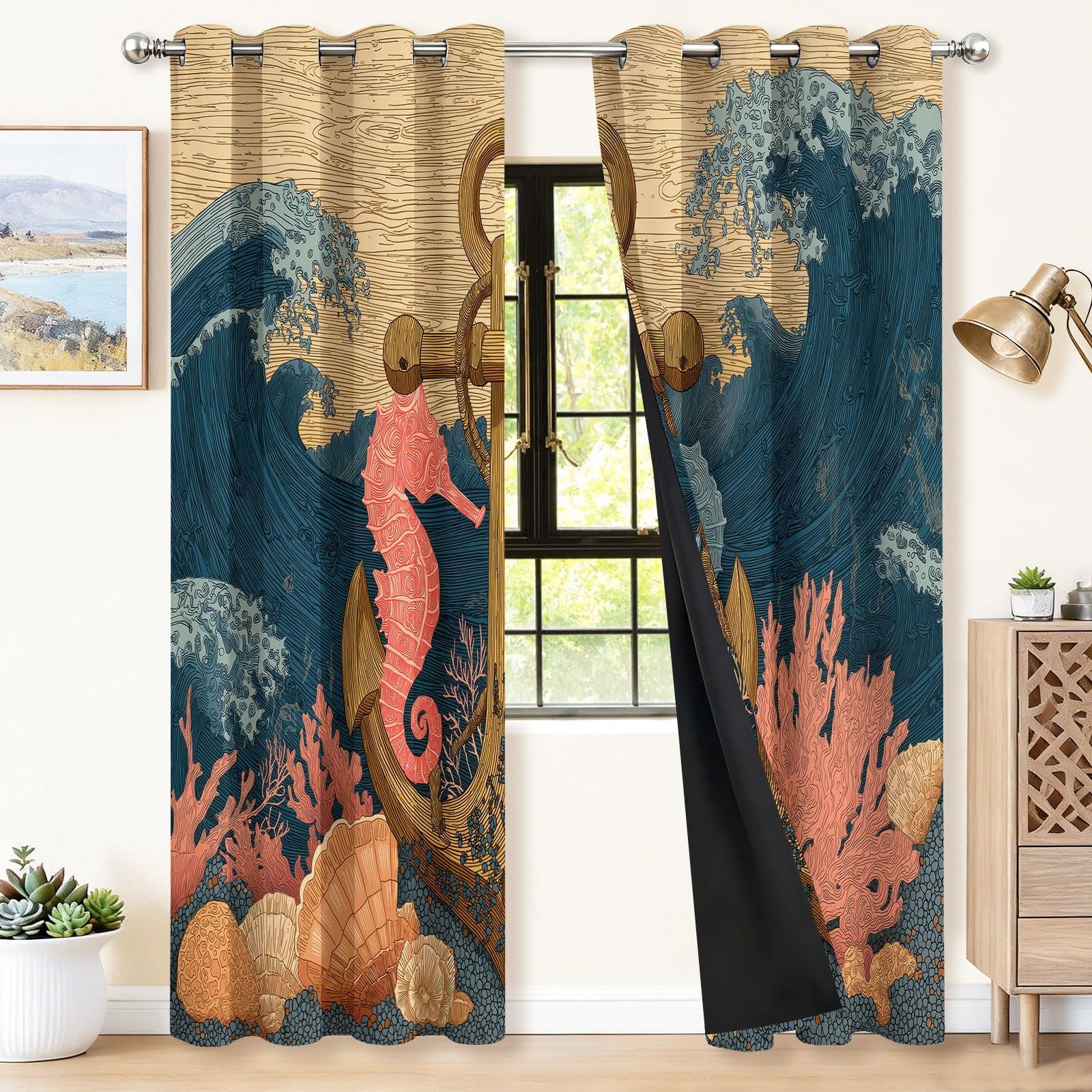 Générique Rideaux Occultant Isolant Thermique Anti Froid, Lot De 2 Rideaux 75L X 166H cm Protection UV Rideau Multicolore Rétro Marin Voile Ancre Hippocampe Coquillage pour Salon et Chambre
