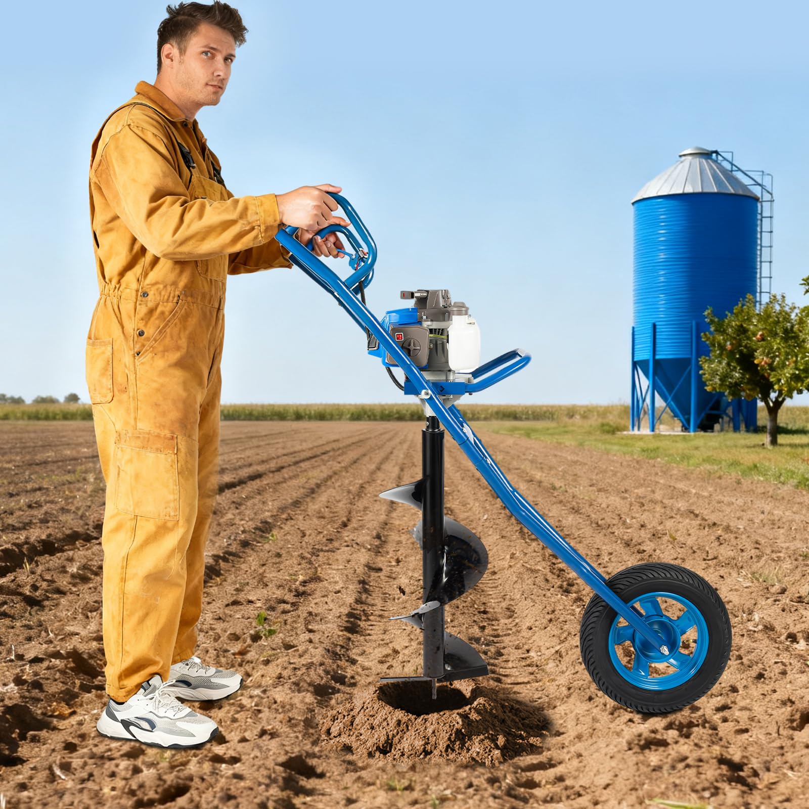 Taladro de gasolina con carretilla de 63 cc, 300 mm, motor de 2,2 kW, motor de dos tiempos, 8800 rpm, color azul – Taladro manual para jardín, valla, plantación y agricultura