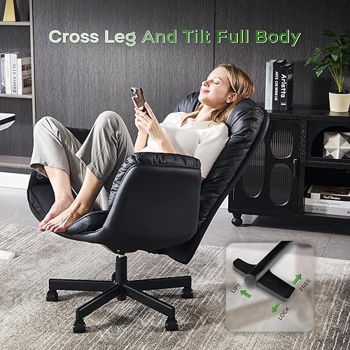 Miniatura 5 de Silla cruzada con reposabrazos y ruedas para sentarse con patas cruzadas, cómoda silla de escritorio giratoria ajustable para oficina, silla de