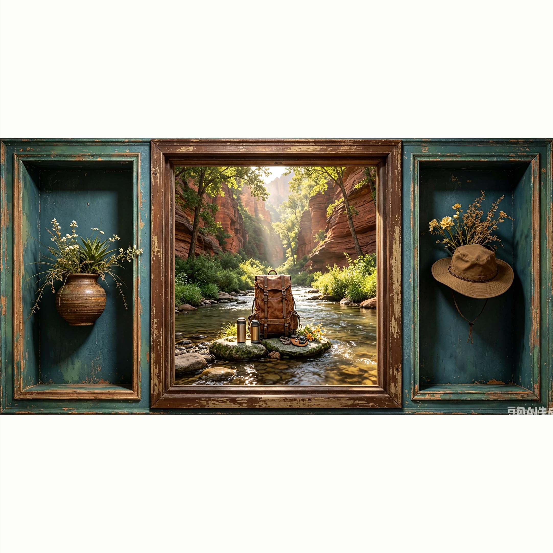 QZLITHOTIC 50x100cm 3D Framed Wall Art， Canyon River Hiking Backpack Rustic Farmhouse Self‑Adhesive Mural， Water‑Activated Peel & Stick Fabric Decor Wall Decal for Bedroom Living Room
