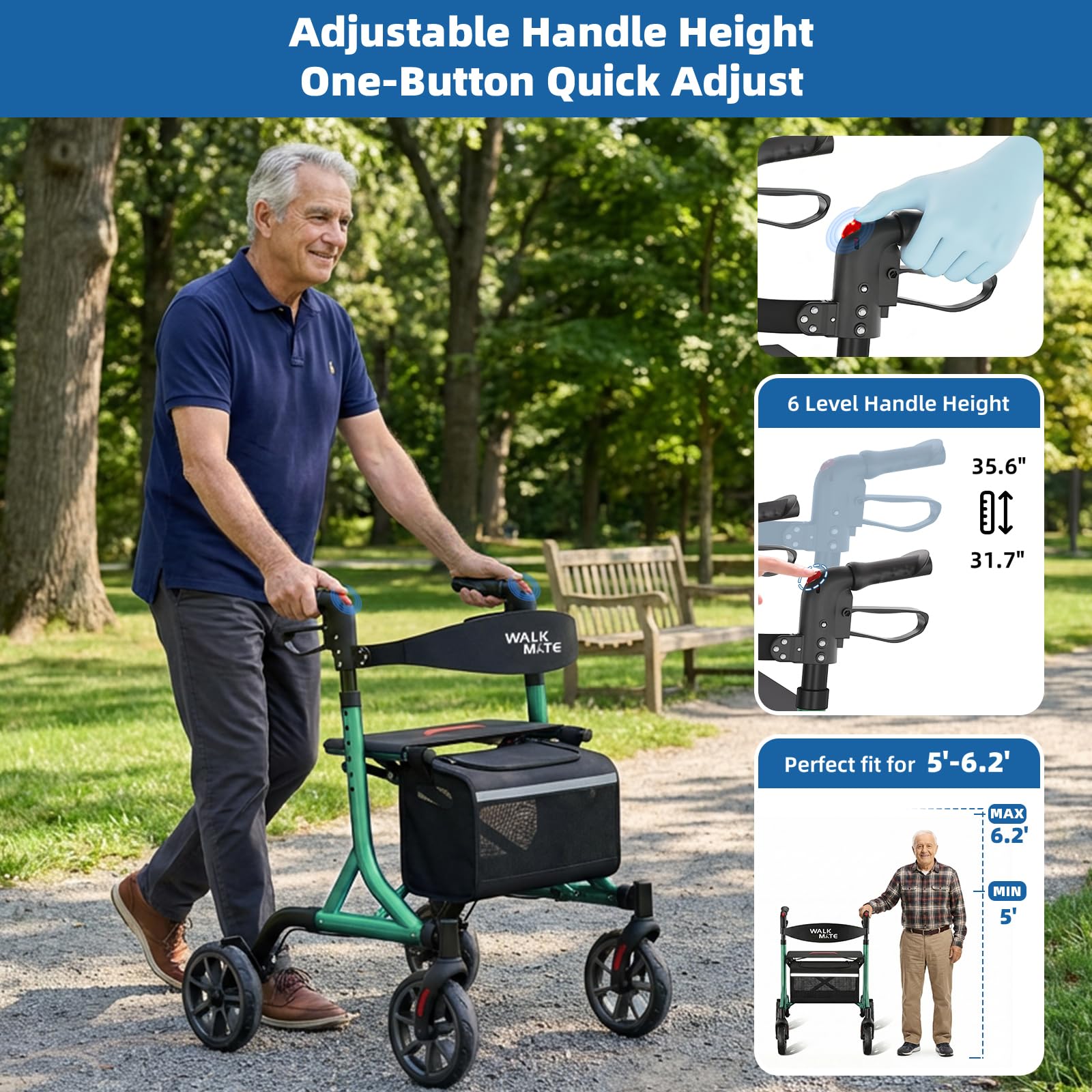 WALK MATE Andador con ruedas para personas mayores con soporte para tazas, botón mejorado para ajuste de altura, ruedas de 4 x 8 pulgadas con respaldo acolchado, plegable, ligero, ayuda para caminar,