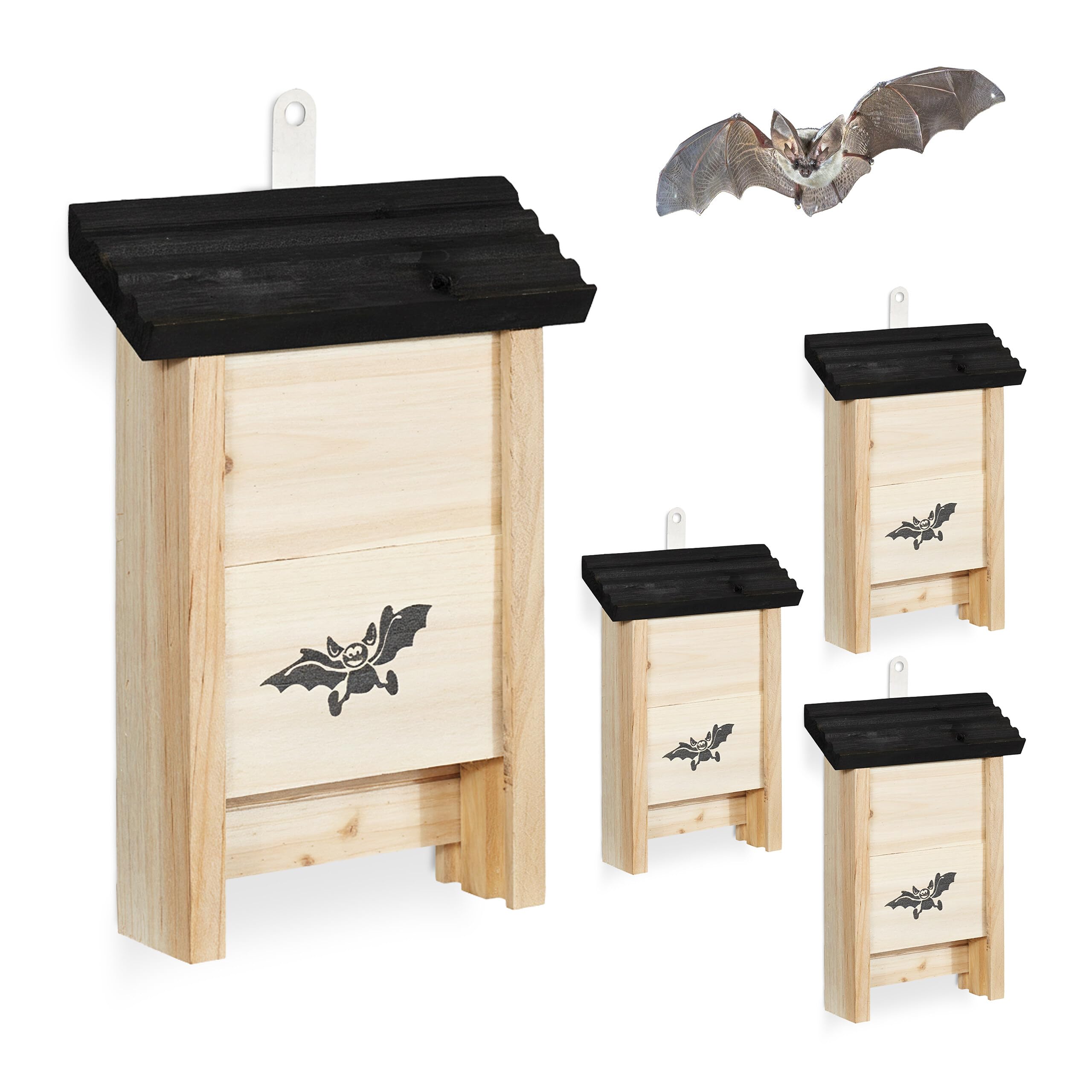 Relaxdays Fledermauskasten, 4er Set, Unterschlupf für Fledermäuse, unbehandeltes Holz, HBT 25 x 18 x 6 cm, Natur/schwarz