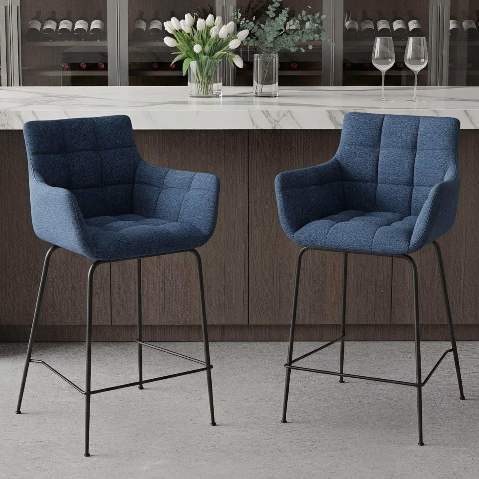 chairus Taburetes de Bar Juego de 2 con Reposabrazos Taburetes de Cocina de Tela Moderno Taburetes Altos de Mostrador con Reposapiés (Azul-2)