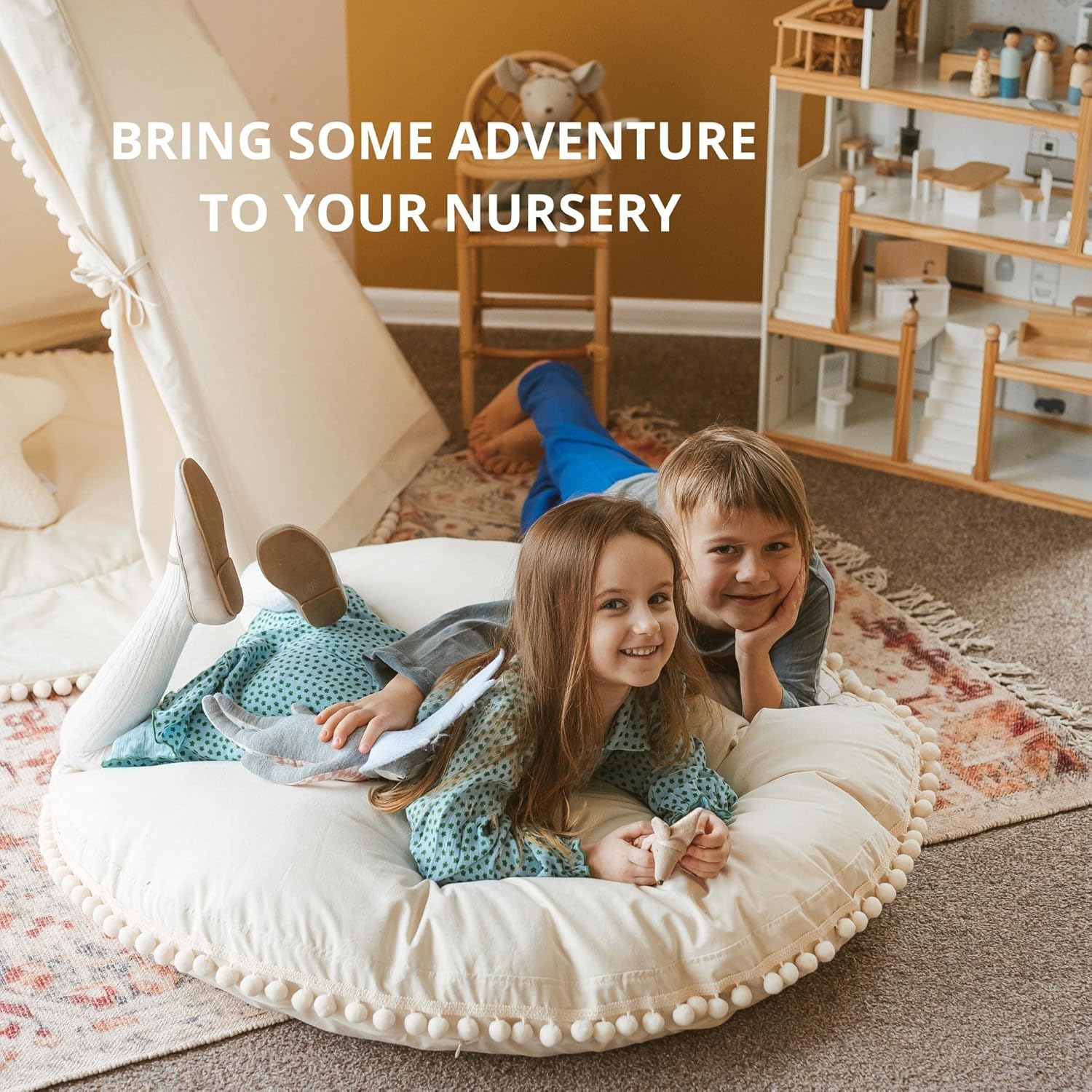 MINICAMP Large Kids Floor Cushion – Ultra Fluffy Washable Bean Bag Chair & Reading Pillow with Boucle Sherpa Cover – Soft Kids Lounger Floor Seat for Playroom, Bedroom or Nursery - Made in EU