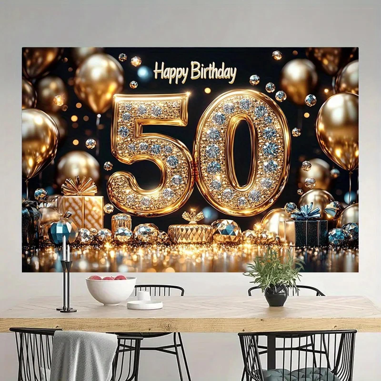 Hintergrundbanner für die 50. Geburtstagsparty – Elegantes Gold- und schwarzfarbenes Polyesterdekor mit Luftballons, Geschenkbox-Design 350x230cm