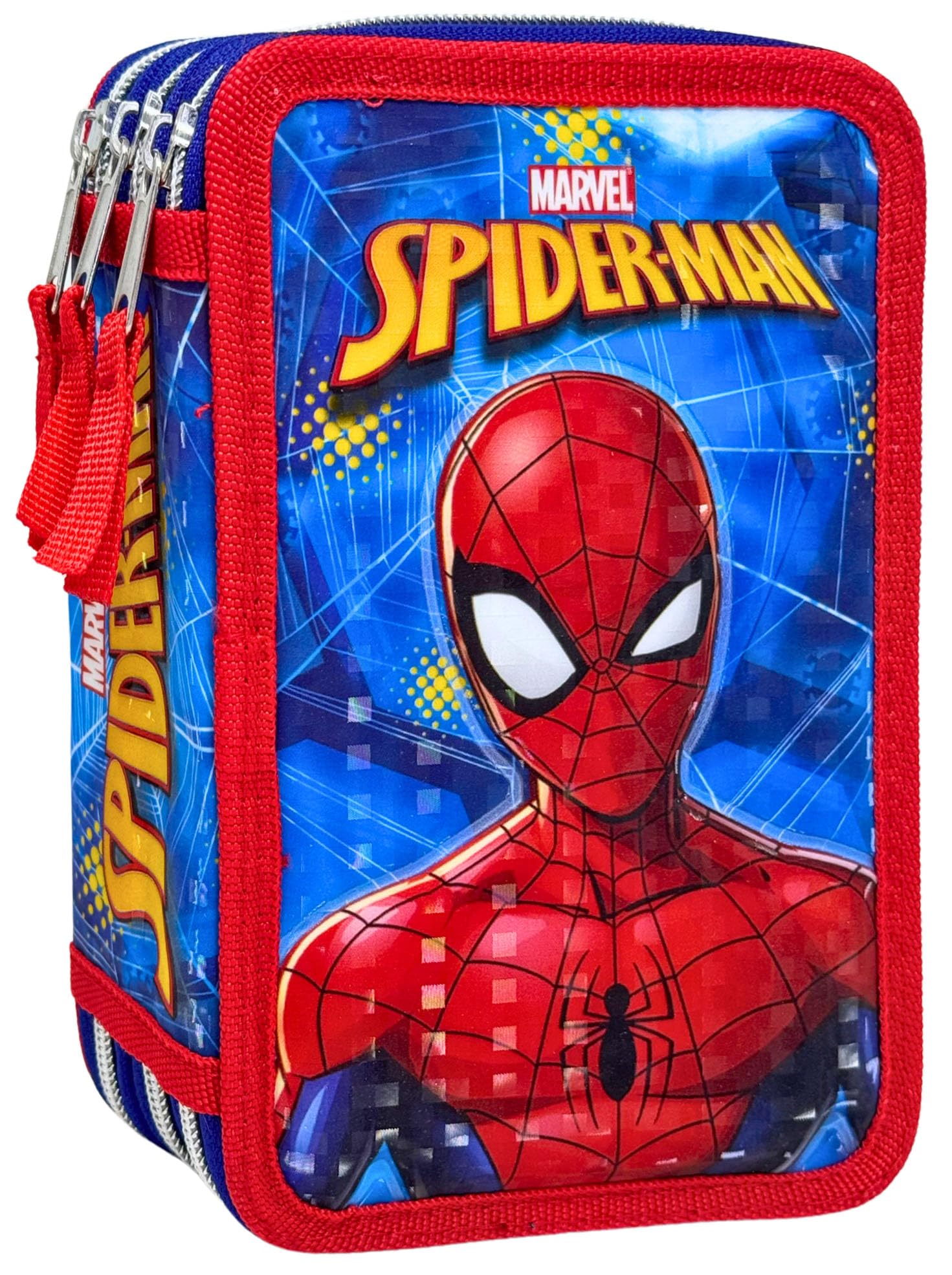 Clondo Trousse 3D à 3 Compartiments pour Enfants, pour Spiderman Fans B, Triplement Garnie, 44 Accessoires pour l'École Primaire, 3 Fermetures Éclair, 20 cm, Crayons