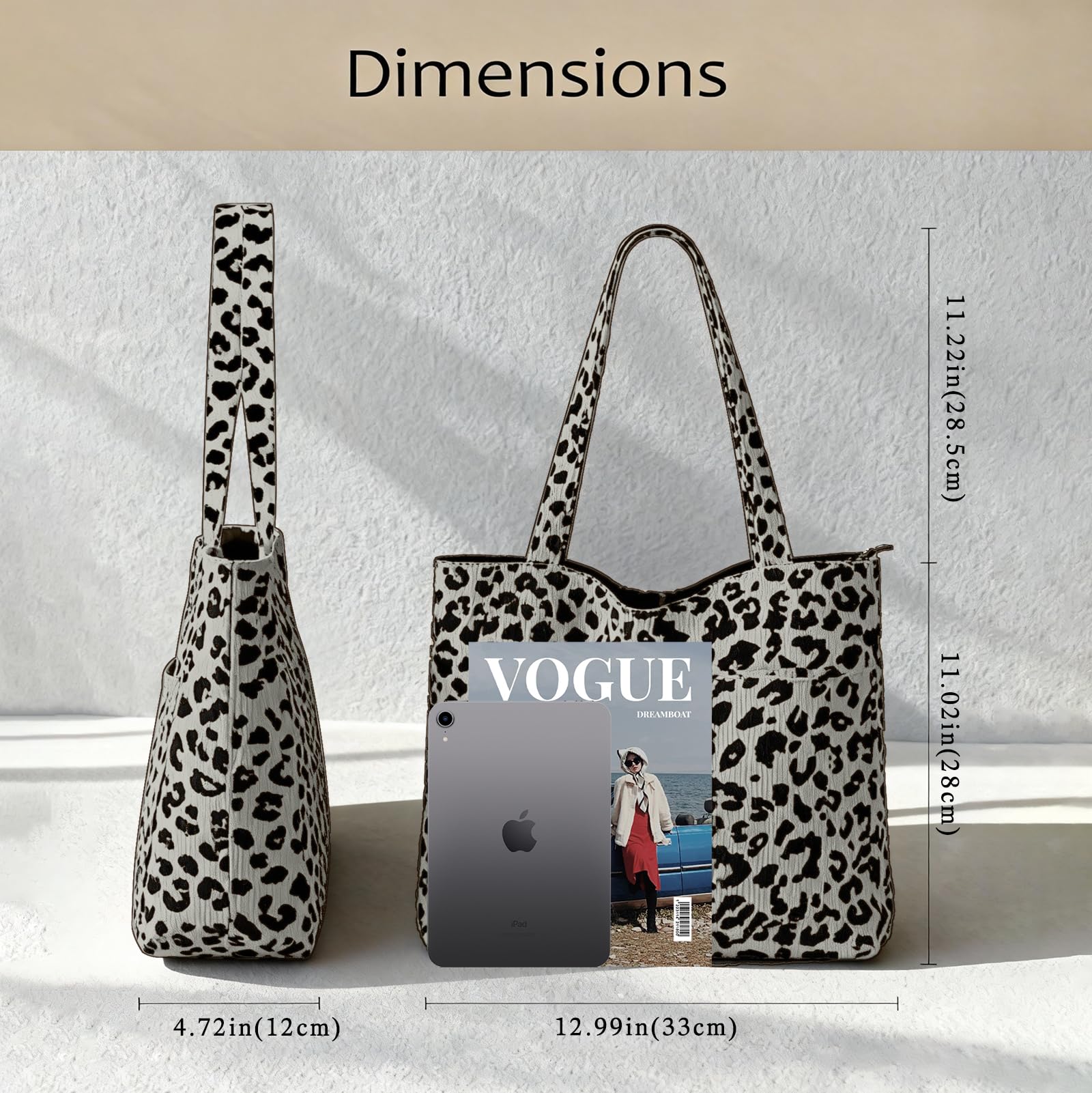NANYUAYA Leopard Print Gifts Corduroy Tote Bag With Zip Shoulder Bags Women Large Handbag Foldable Tote Bags for School Work Shopping Travel - Image 5