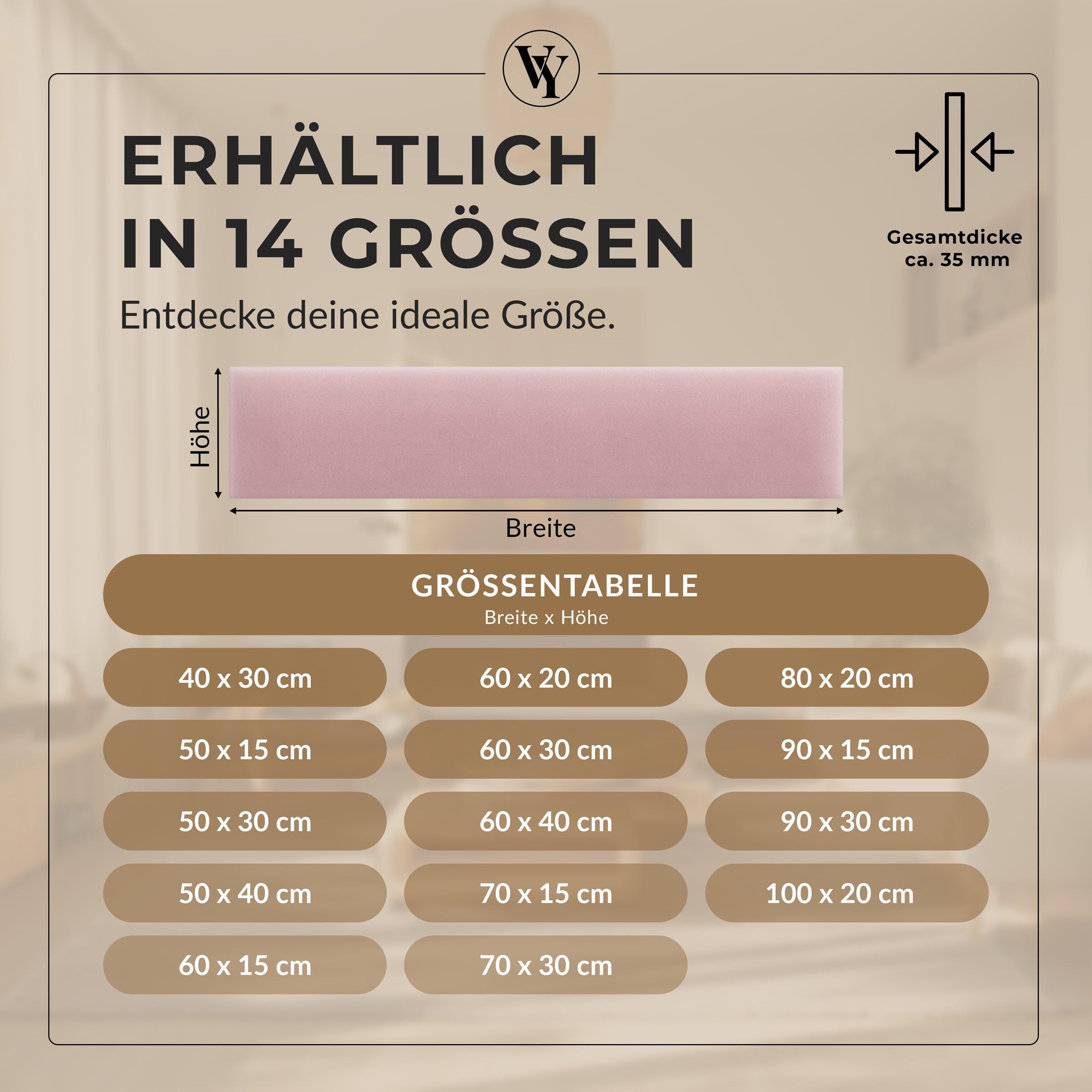 Wandpolster Wandkissen Rechteck – Samt, Polsterplatte 90 x 30 cm, Polsterpaneele, Oeko-TEX, Made in EU, Rosa M08