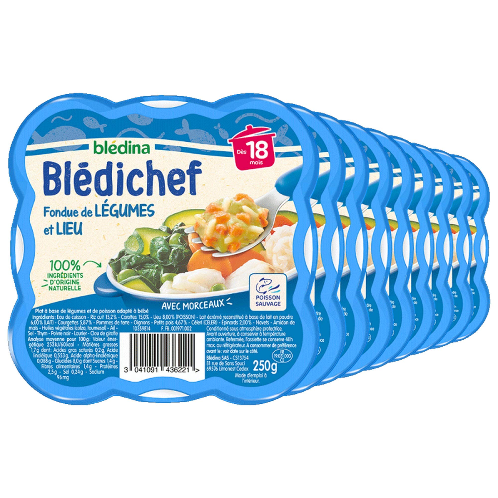 Blédina - Blédichef - Repas Bébé 18 Mois - 9 Légumes Lieu - Petits Morceaux - 100% Ingrédients d'Origine Naturelle - Dès 18 Mois - 9 Assiettes 250g