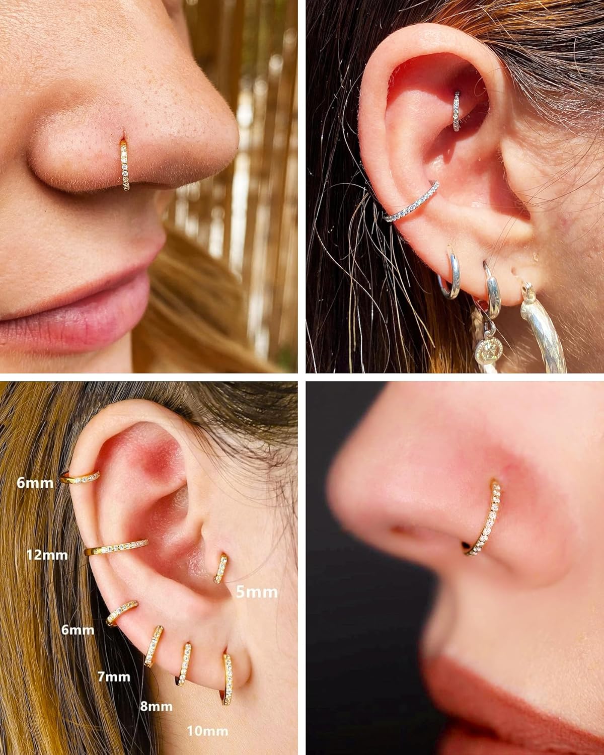 Hypoallergenic Gold Nose Rings Hoops - 20G 18G 16G Surgical Steel Cartilage Earrings Septum Jewelry Hinged Segment Ring CZ Paved Daith Rook Helix Tragus Body Piercing 6/7/8/9/10MM - Image 6