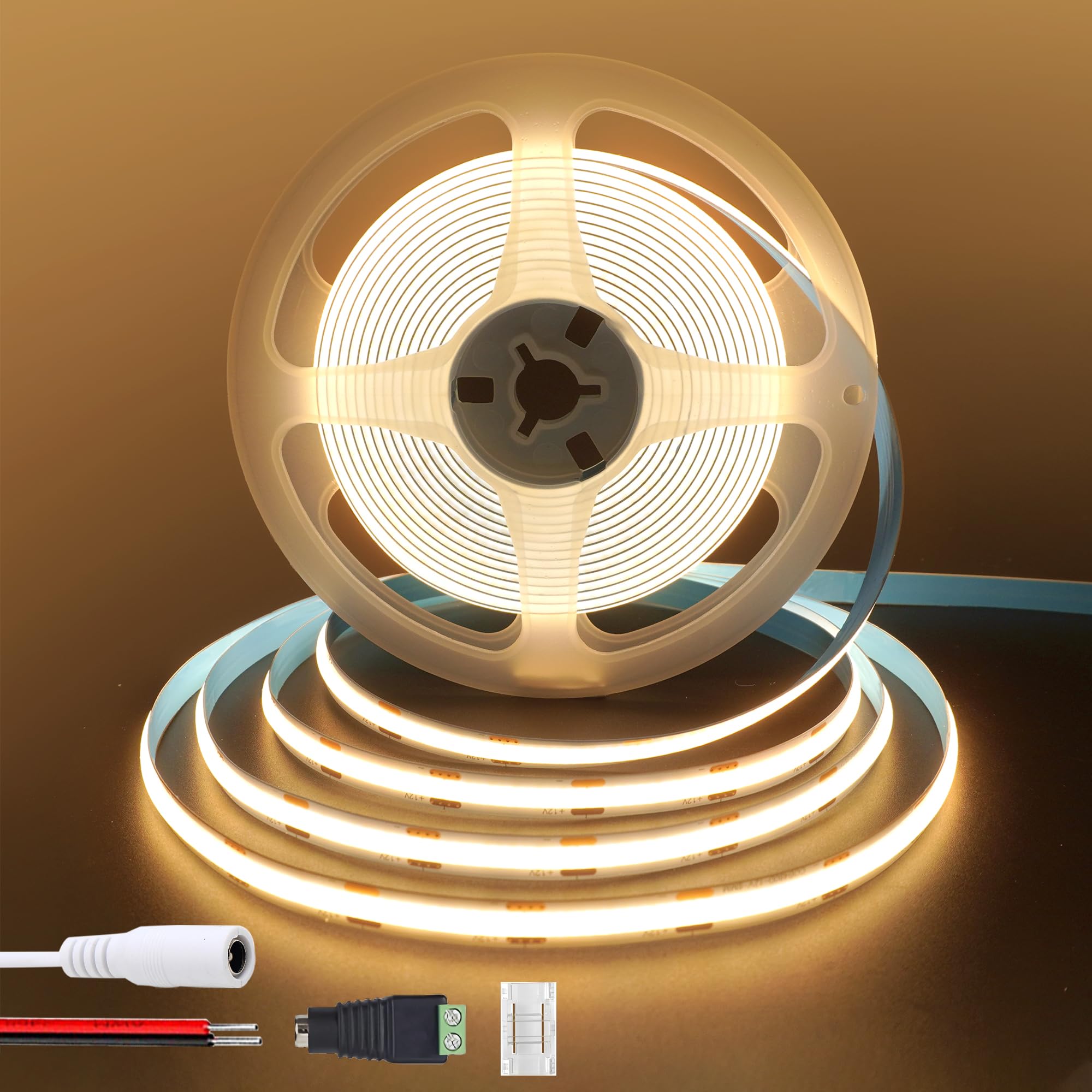 Clearhill 12V COB LED Strip Lights 9.84FT/3M(No Power Supply),Warm White 3000K,320LEDs/M,with 5521DC Female and red and Black Wire Connectors,8mm Width,IP20,for DIY Home Indoor Decoration