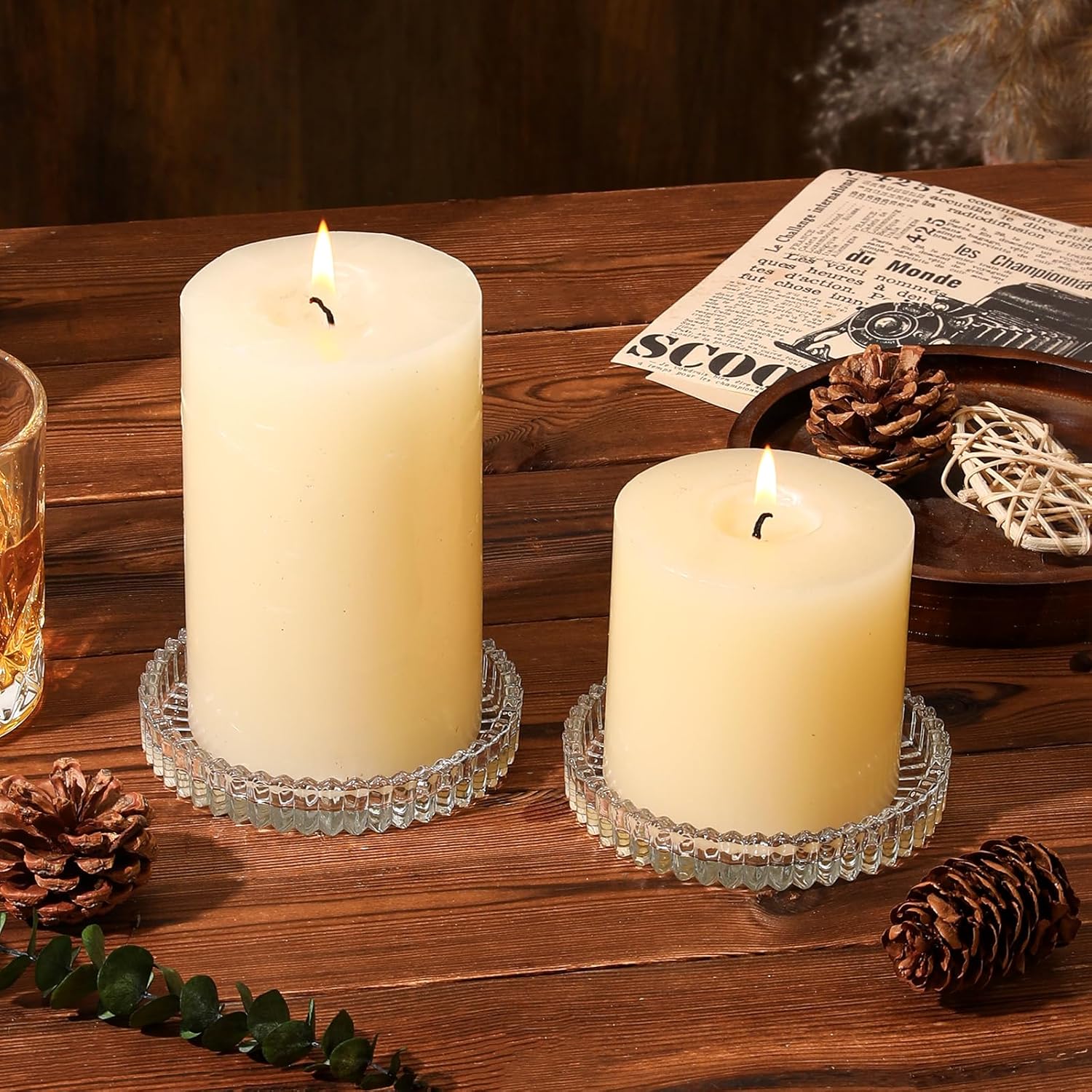 Hurricane Glass Candle Holders Set of 2, Serrated Round Candle Stand for Pillar Candles Modern CandleHolders Cylinder Chimney Cover for Outdoor Wedding Decor Parties & Table Centerpieces - Image 4