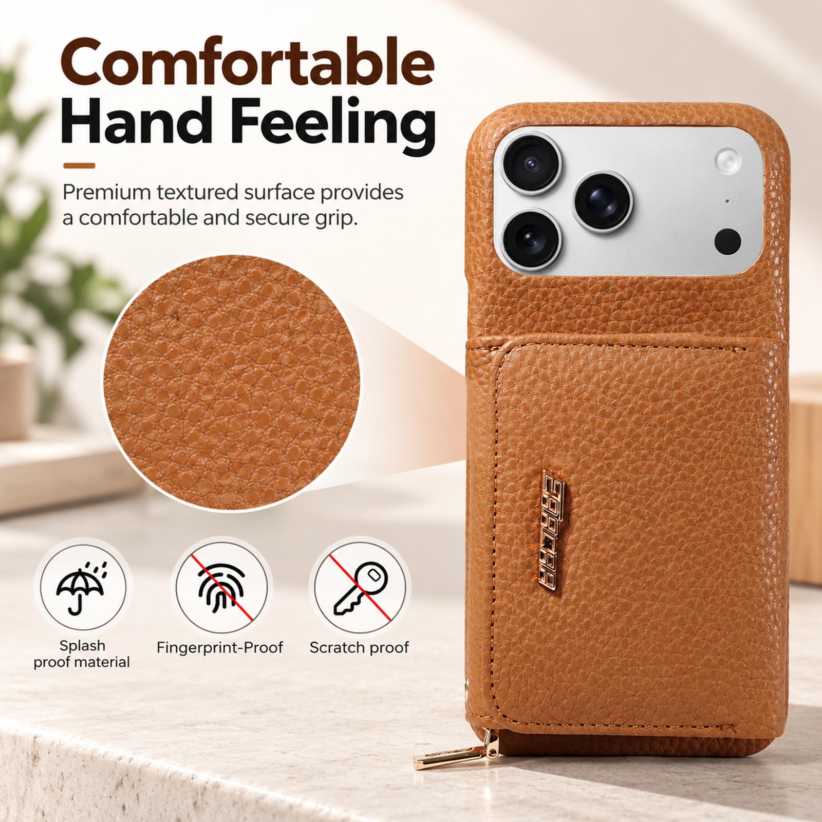 Coque Portefeuille pour iPhone 16 Pro Max, Porte-Cartes Zippé - Crème