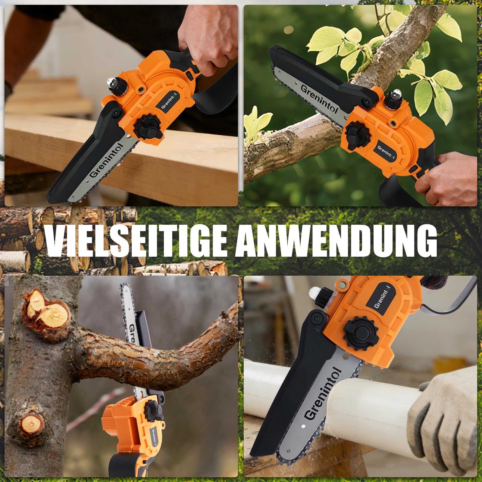 Mini Kettensäge 6 Zoll, Akku Kettensäge mit 2×3000mAh Akku, 1000W Brushless Motor, Einhand-Kettensäge, Automatische Ölung, Ersatzkette, Garten, Baumschnitt, Holzarbeiten (6 Zoll)