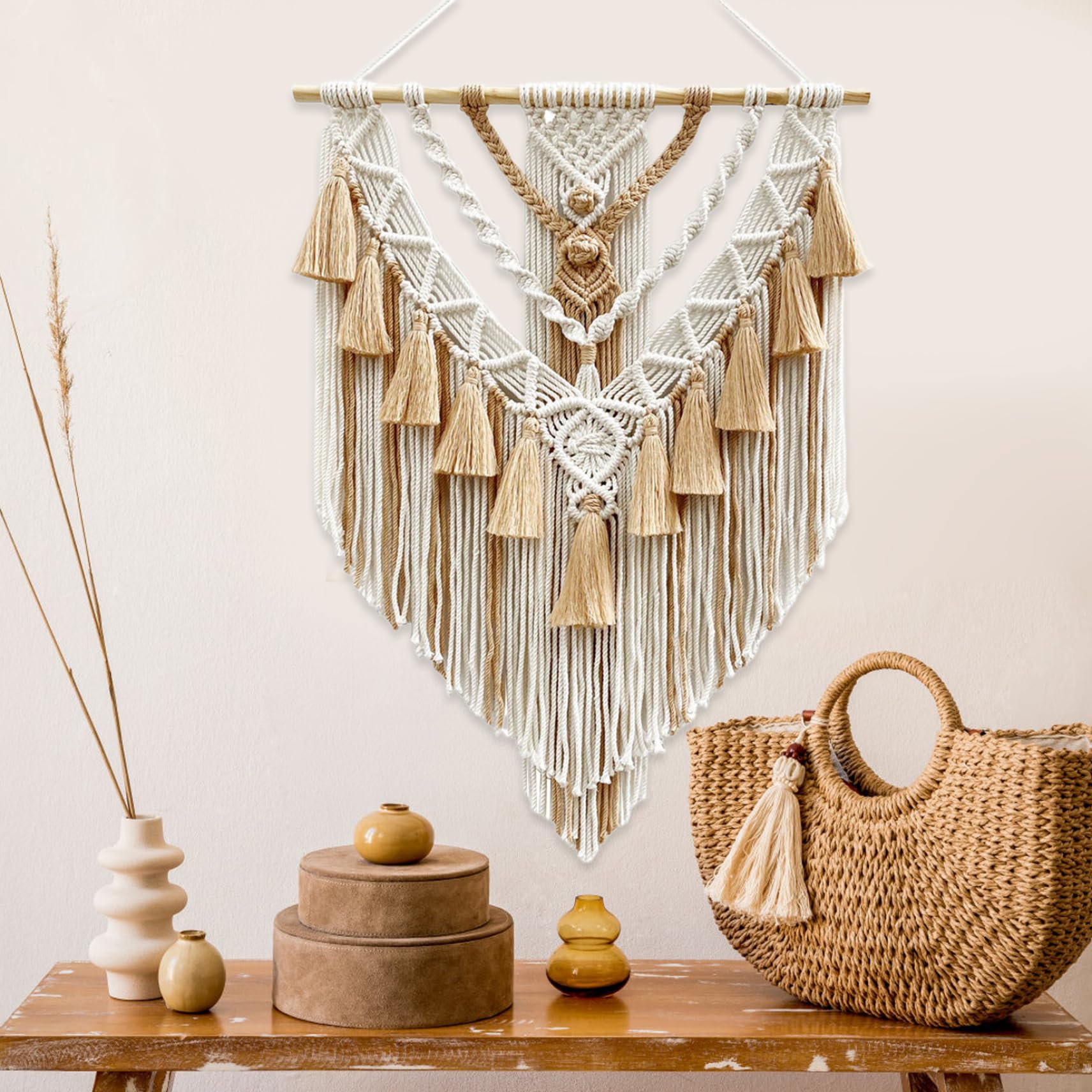 Macrame Wandbehang Natürlicher Baumwollfaden Macrame Wanddekoration mit Quaste Rustikal Webteppich Wandkunst für Schlafzimmer Wohnzimmer Wohnung Kinderzimmer Khaki 21,7x29,5 Zoll