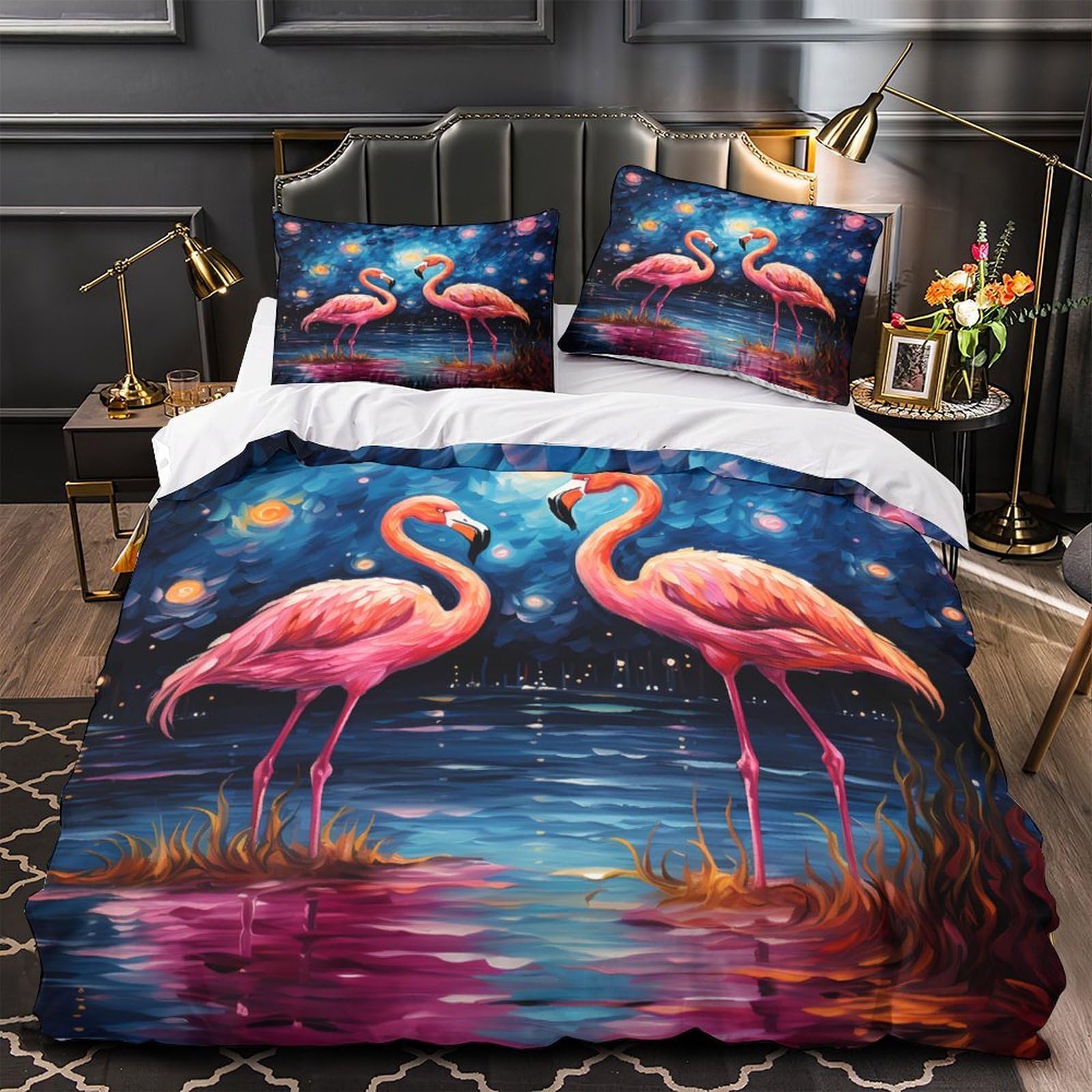Flamingo-Pärchen 3D Bedruckt Bettbezug 3teilig Mikrofaser hautfreundlich Sternennacht Deckenbezug 2 Kissenbezüge pflegeleicht Paare Familie Super King（260x220cm）