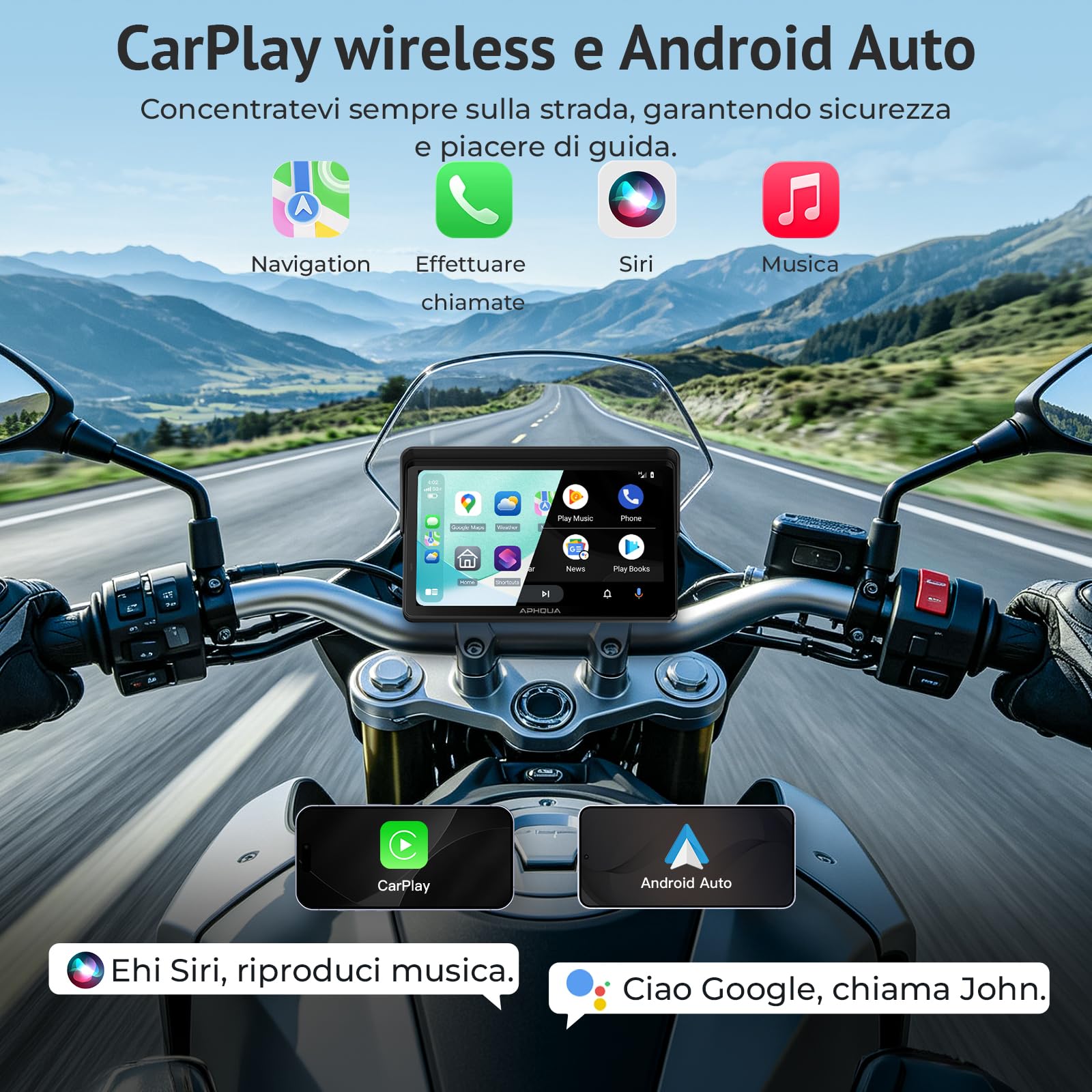 Moto Carplay Display 7 Pollici Impermeabile Touch Screen Sistema di Controllo della Pressione Pneumatici (TPMS), CarPlay Wireless e Android Auto per Moto, Dual Bluetooth, Navigazione GPS