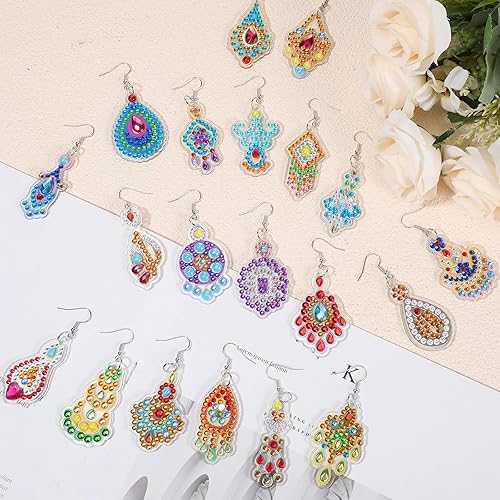 Miniatura 7 de Kigeli Juego de 20 pares de aretes de pintura de diamantes para la fabricación de joyas, aretes colgantes bohemios 5D para manualidades, dijes