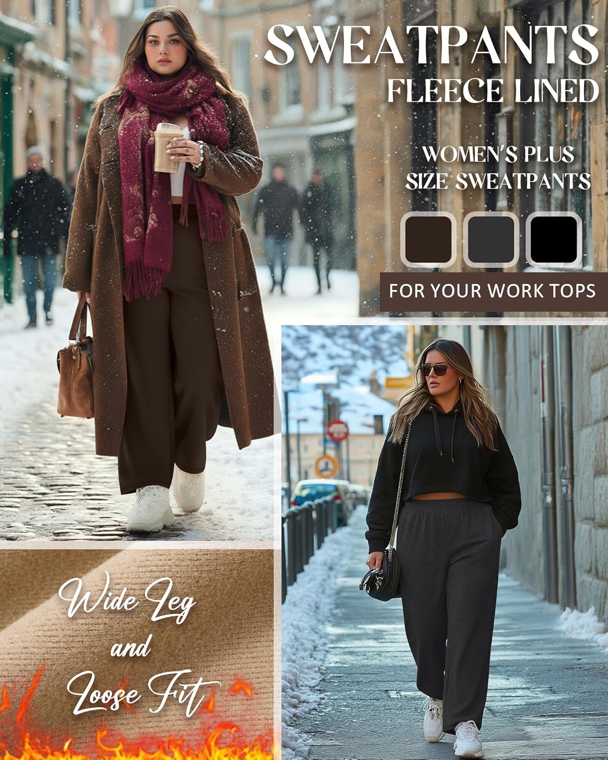 3 Pack Women's Fleece Plus Size Wide Leg Sweatpants Lined Baggy Pants Drawstring Casual Joggers with Pockets - Image 3