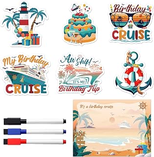 Birthday Cruise Door Decorations Magnetic, 7 Pcs Retro Happy Birthday Cruise Ship Magnets, Nautical Celebration Cabin Door Signs Fridge Magnets Decor with 3 Pcs Pens