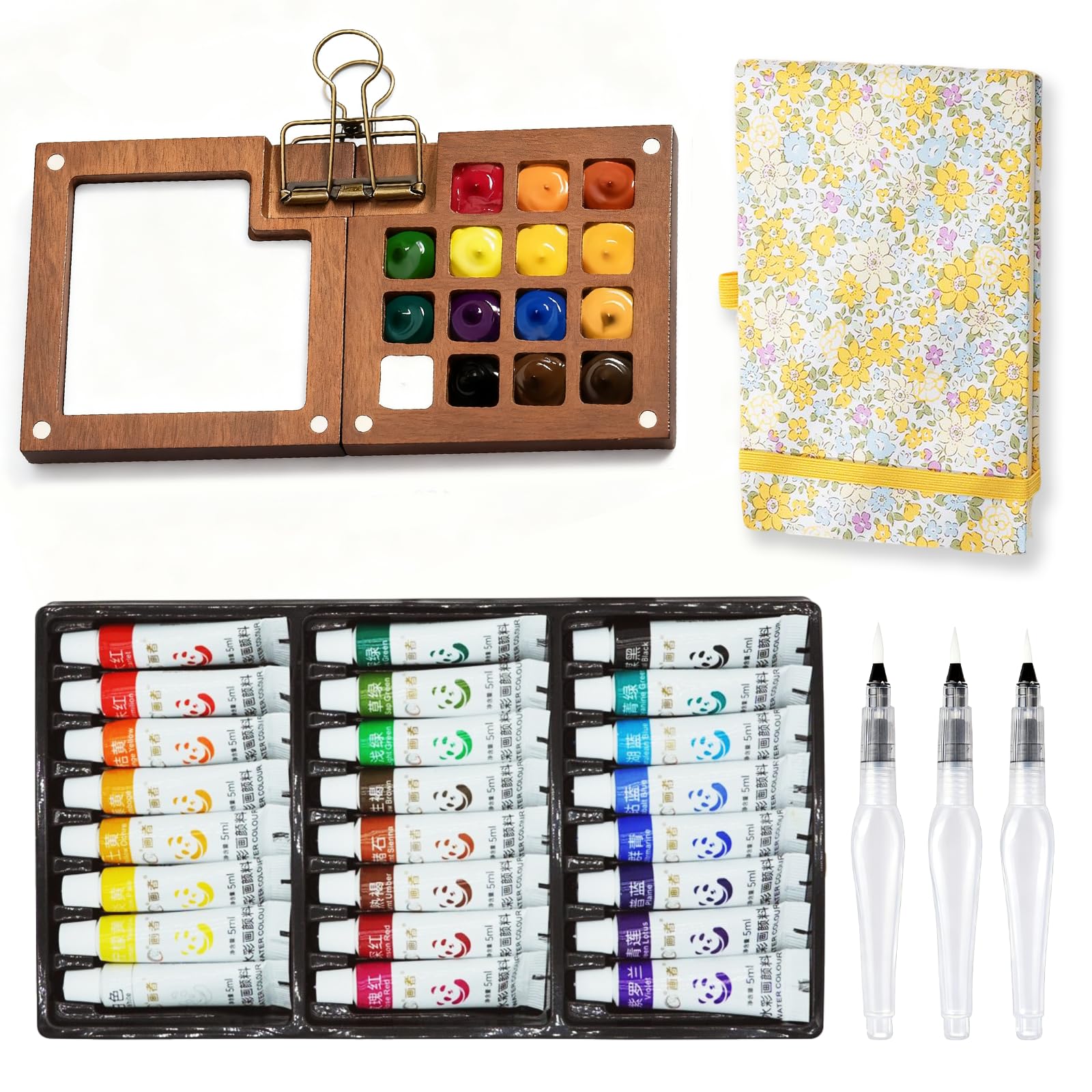 Mini Watercolor Set, Travel Palette for Sketching, Wooden Palette