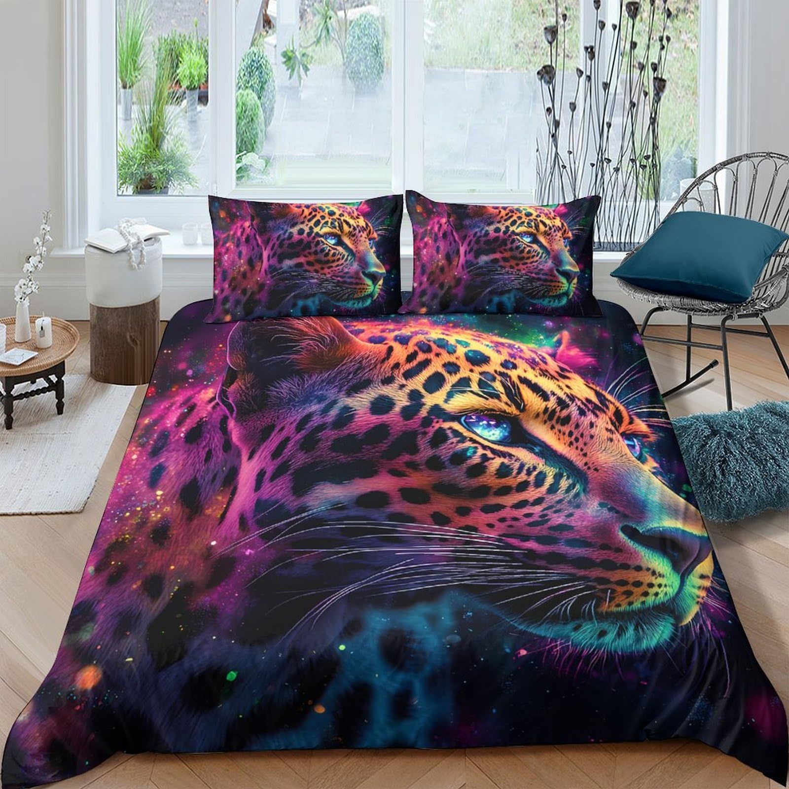 GPLZQXKJNH 3D Printed Neon Leopard Duvet Cover Microfiber Soft Breathable Wild Animal Bedding Set with 2 Pillowcases for Bedroom Decor Single（135x200cm）