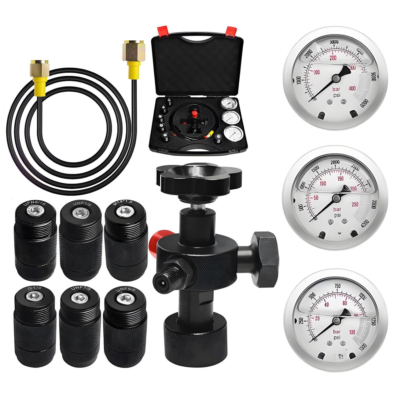 UORDBY Nitrogen Pressure Test System Hydraulic Nitrogen Accumulator Charging Kit,with 7 Couplings, 3 Gauges(1500PSI /3500PSI/ 6000PSI), and 1 Gas Hose