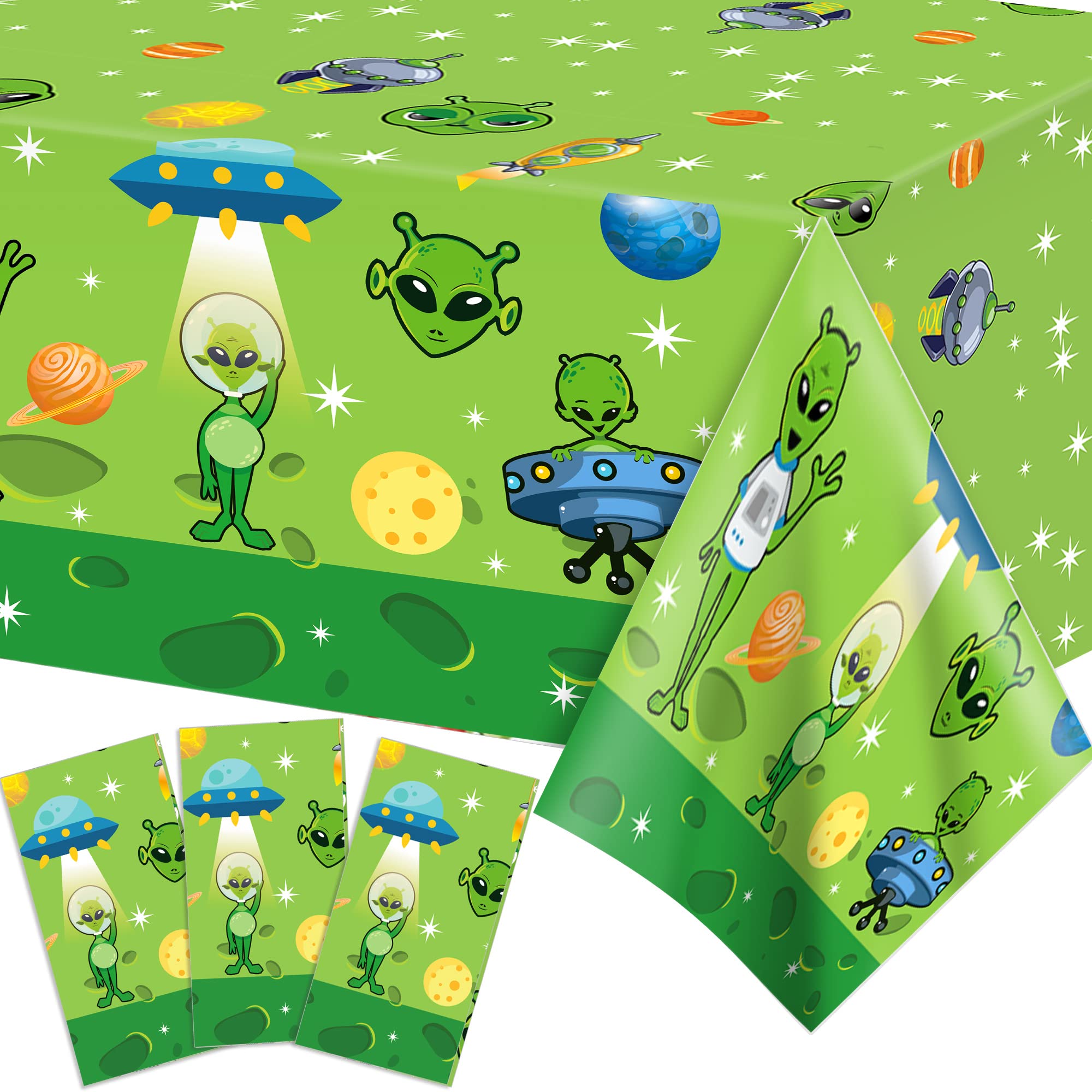 3 Pcs Alien UFO Party Tablecloths, Green Alien Disposable Tablecloths, Plastic Table Covers, Ridiculous Party Supplies