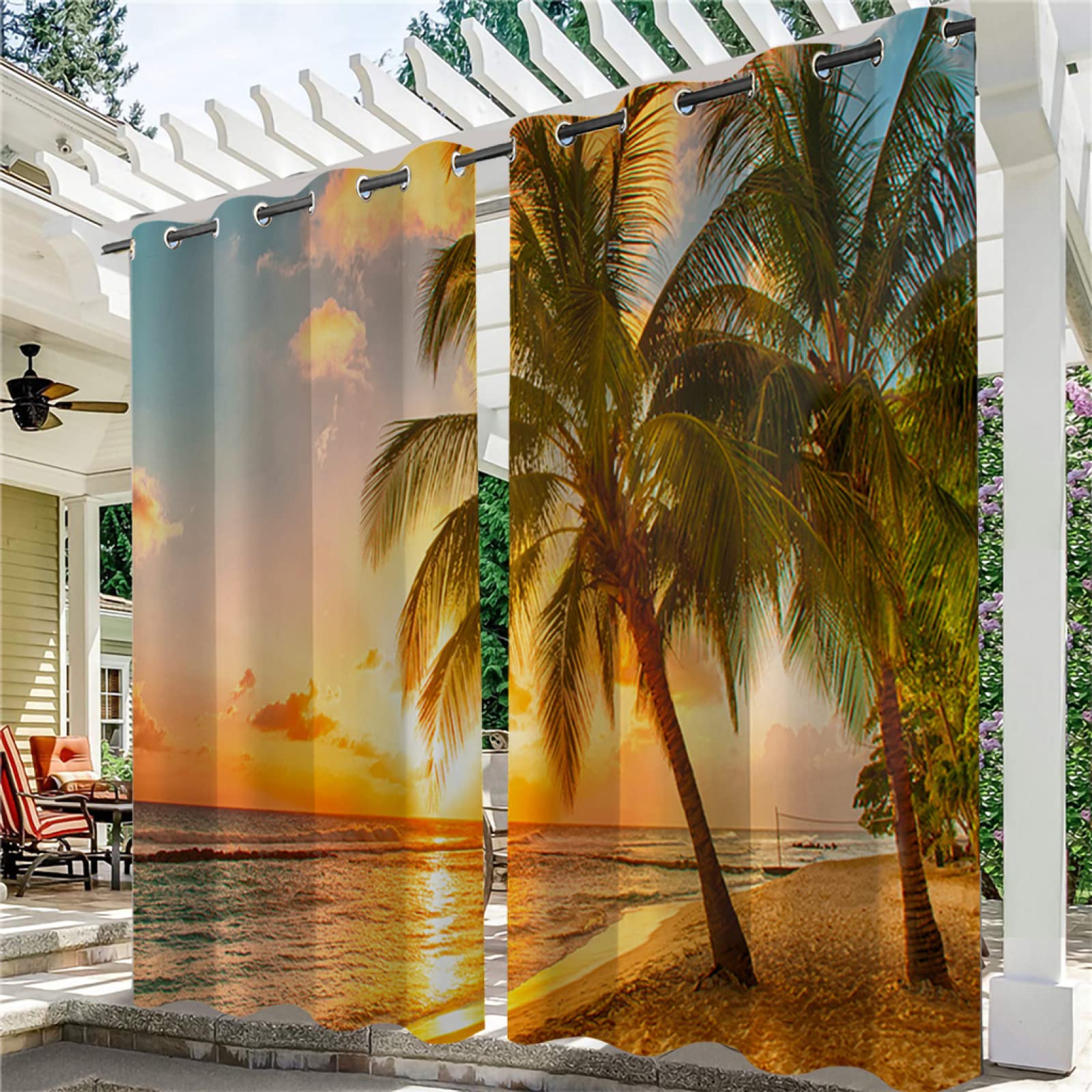 3D Rideaux d'extérieur Imperméable, Rideau Occultant Thermiques Rideau Exterieur Terrasse Rideau pour Pergola Tonnelle Cabane Jardin, 2 Pièces 132 x 213 cm, Mer Coucher de Soleil 4