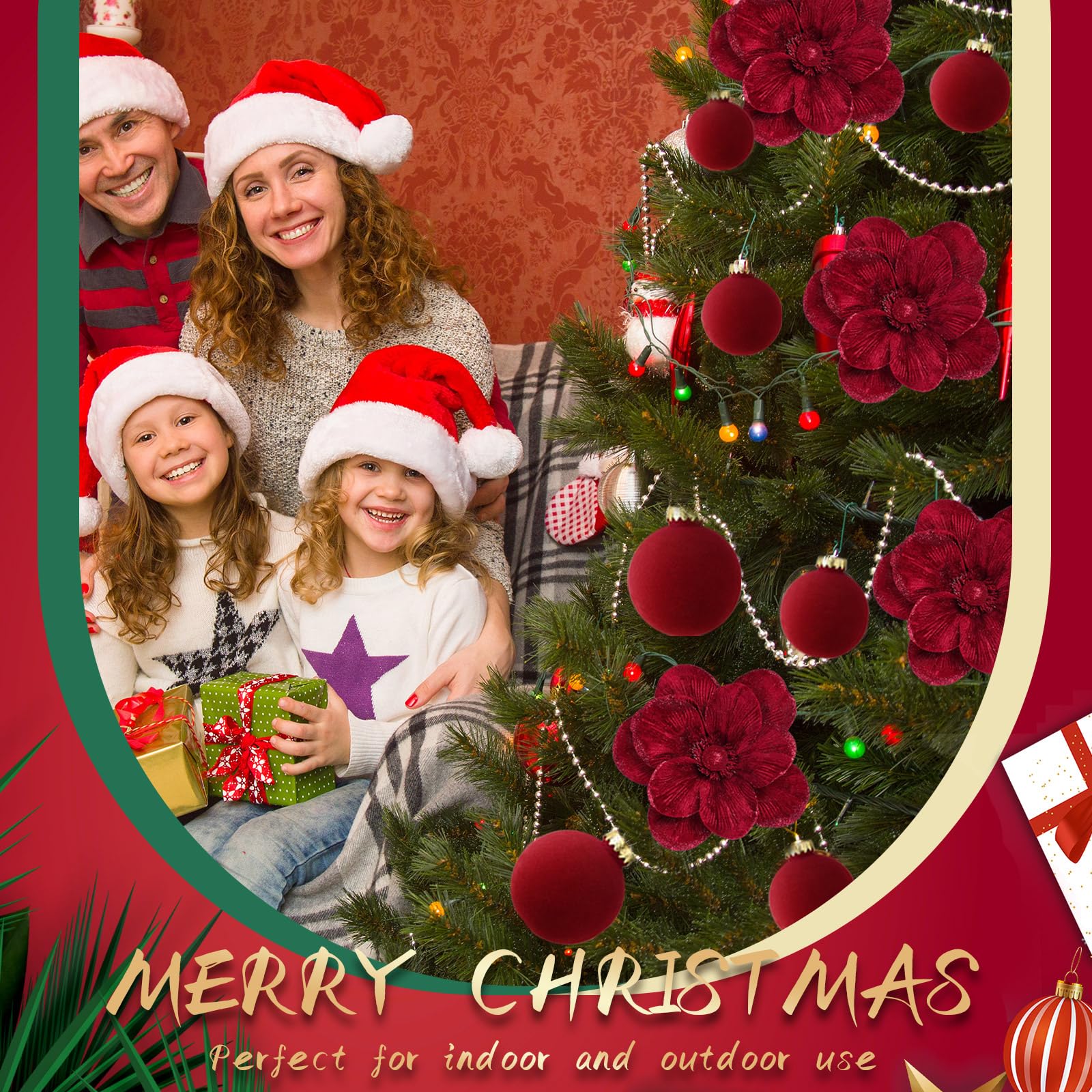 Outus Lot de 24 décorations de sapin de Noël en velours avec 8 poinsettias – fleurs de magnolia artificielles à paillettes avec tige – Décorations de Noël pour Noël, fête, mariage (bordeaux)