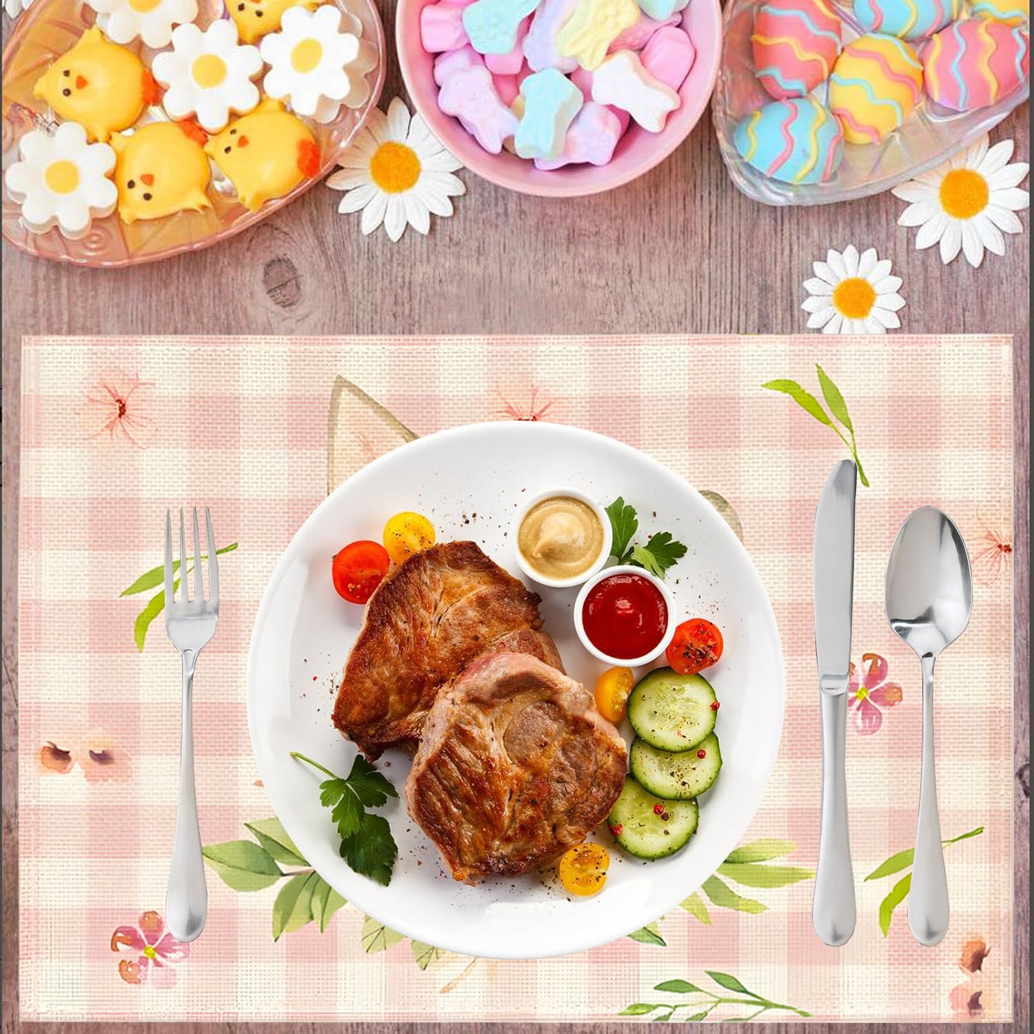 Easter Buffalo Plaid Bunny Ear Floral Placemats Set of 4, Linen Rabbit Place Mats, Colorful Seasonal Spring Table Mats - Image 2