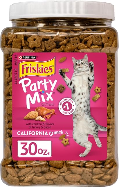Purina Friskies Party Mix California Crunch with Chicken and Flavors of Turkey and Bacon Cat Treats - 30 oz Canister
