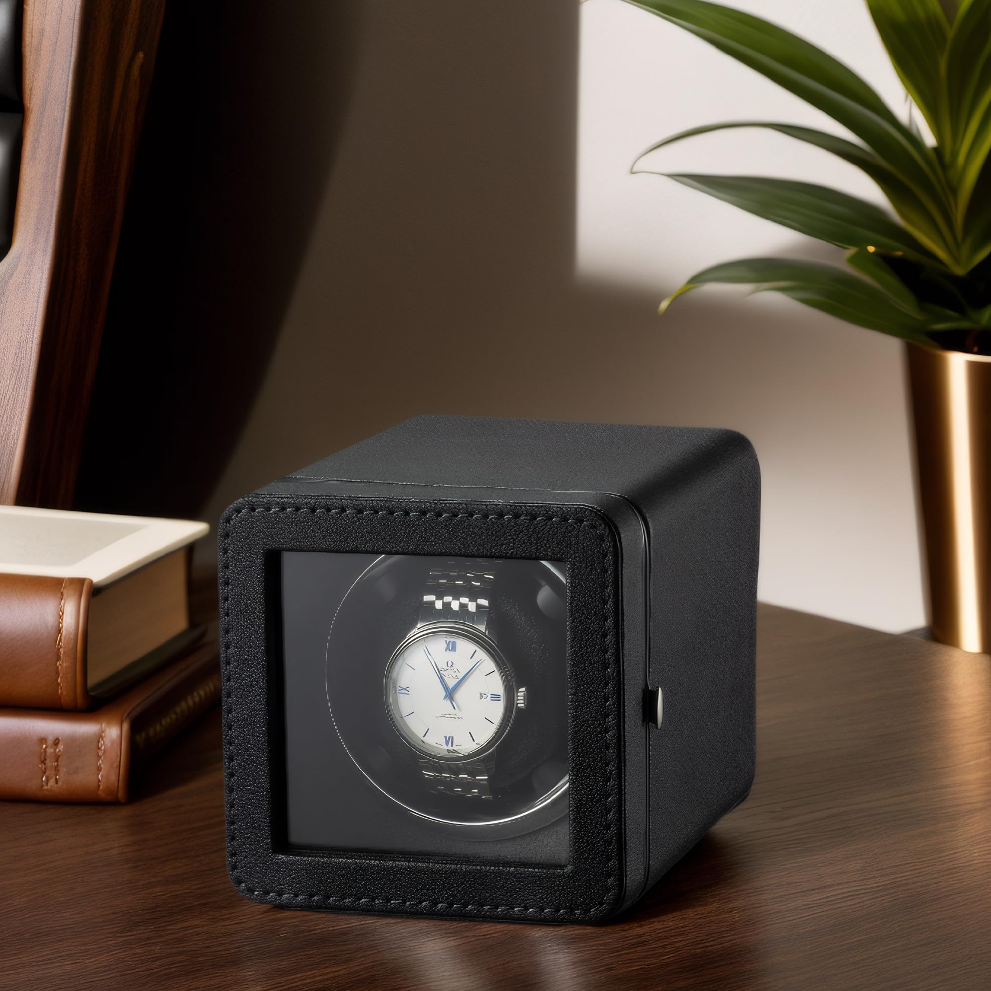 Caja giratoria para relojes automáticos, cable de carga USB, piel sintética, con motor silencioso