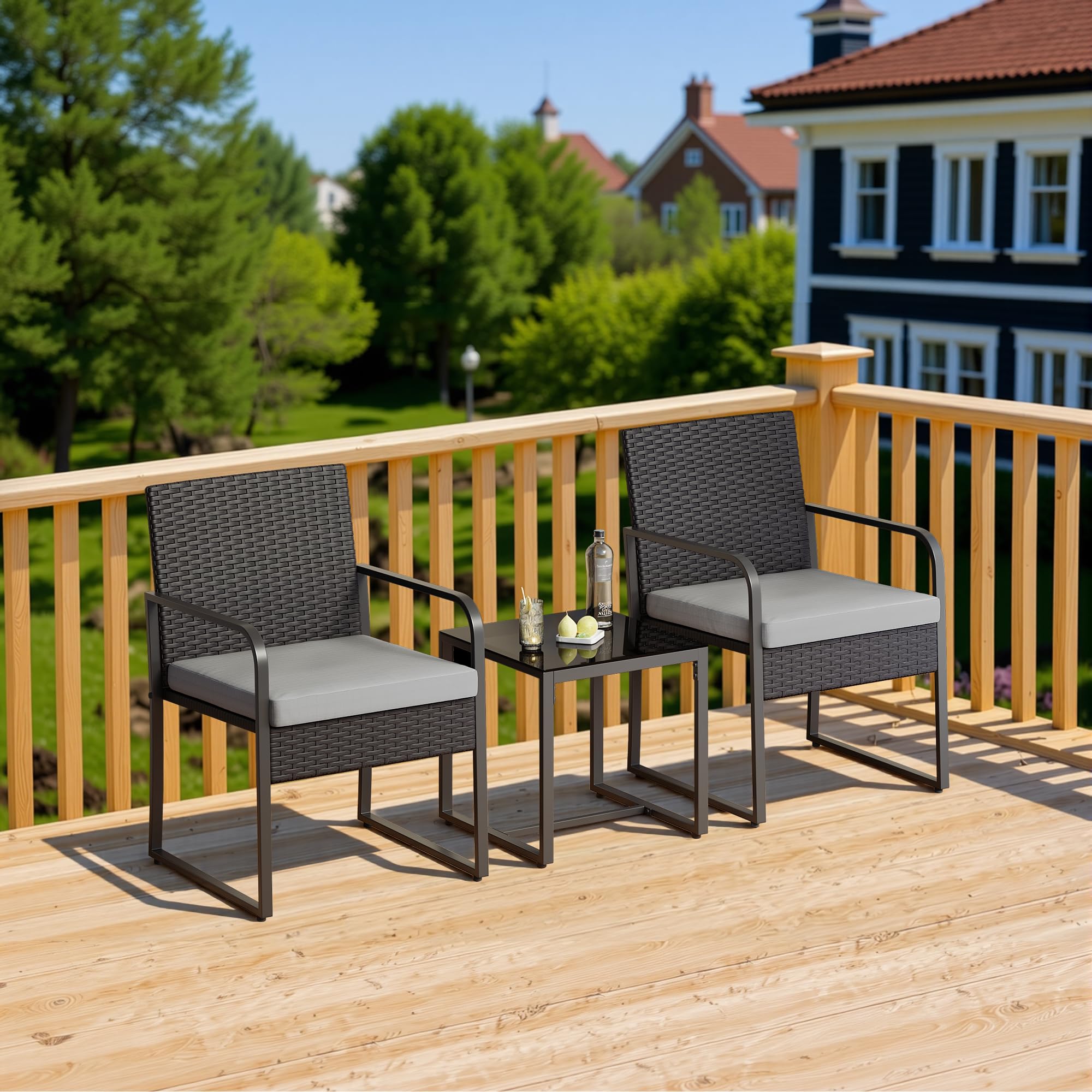 Set Giardino in Rattan per 2 Persone, Mobili da Esterno in Vimini con Cuscini, Tavolino e 2 Sedie per Terrazza, Balcone, Giardino o Piscina (grigio)