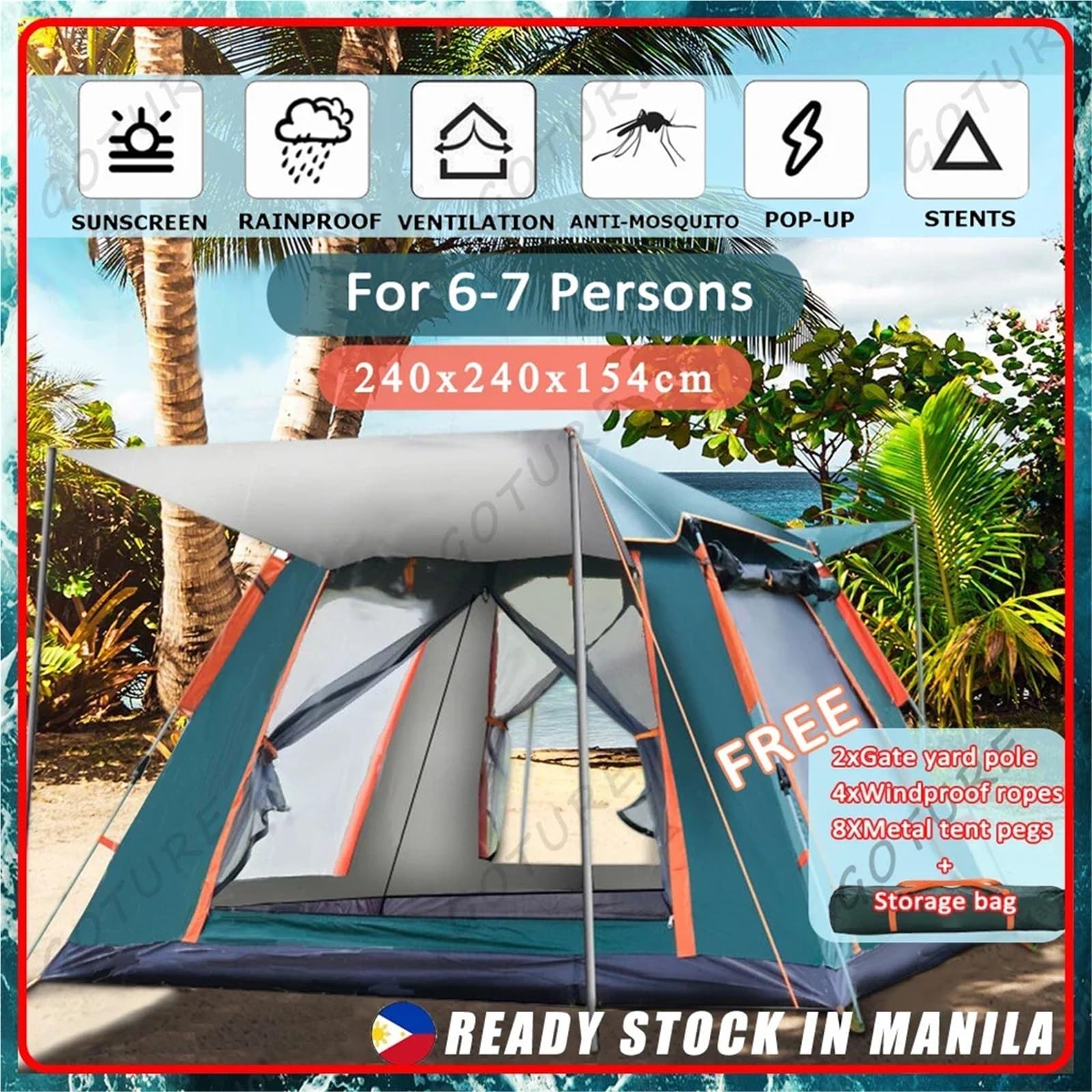 Tienda de Playa Tienda de campaña portátil al Aire Libre for 2-6 Personas, Plegable, automático, for Pesca en la Playa, Parque Viajes Familiar(Blue 215x215x142cm)
