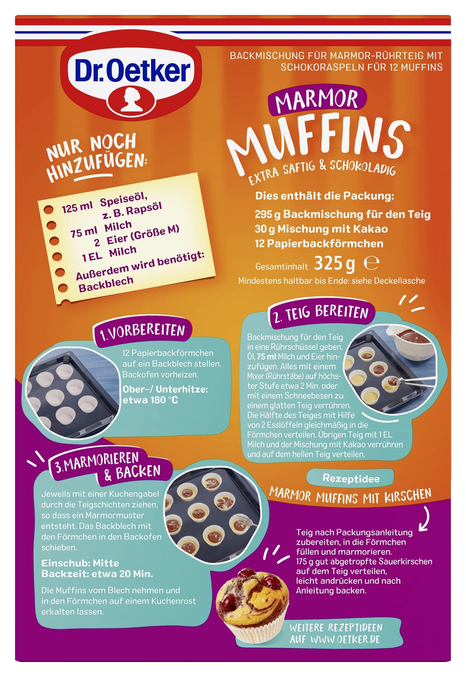 Dr. Oetker Muffins 12er Probier-Set Backmischungen Rührteig Schoko Marmor Zitrone klassisch Schokostückchen 12 Cupcakes Papierbackförmchen