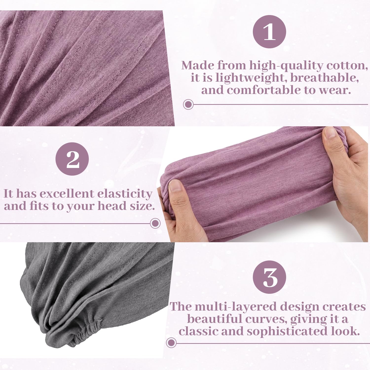 Pack de 2 Turbantes de Algodón para Mujer, Gorros Quimioterapia Transpirables, Pañuelo de Cabeza para Pérdida de Cabello (Rosa y Púrpura)