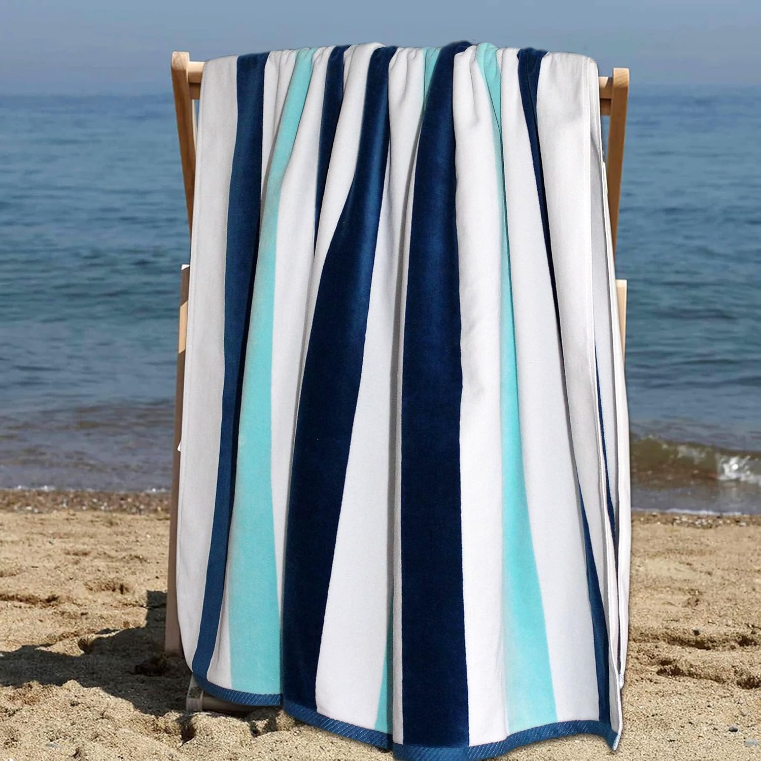 COTTON CRAFT Oversized Beach Towels - 2 Pack XXL 35x84 - Cabana Stripe Blue