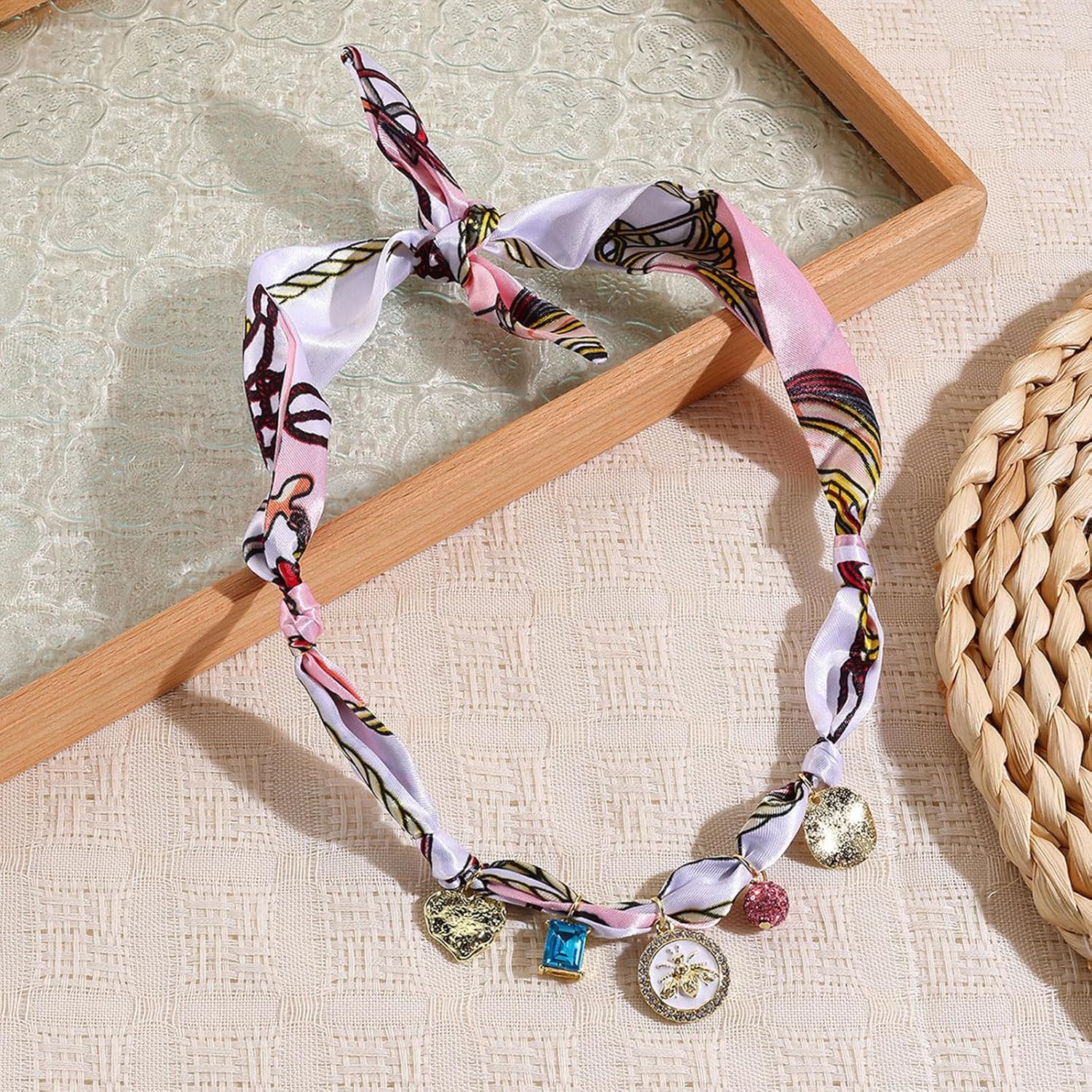 Scarf Necklace with Charm for Women Gold Coin Bow Flower Star Chunky Heart Scarf Charm Necklace Adjustable Leopard Choker Necklace Boho Beach Jewelry Gifts for Women - Image 5