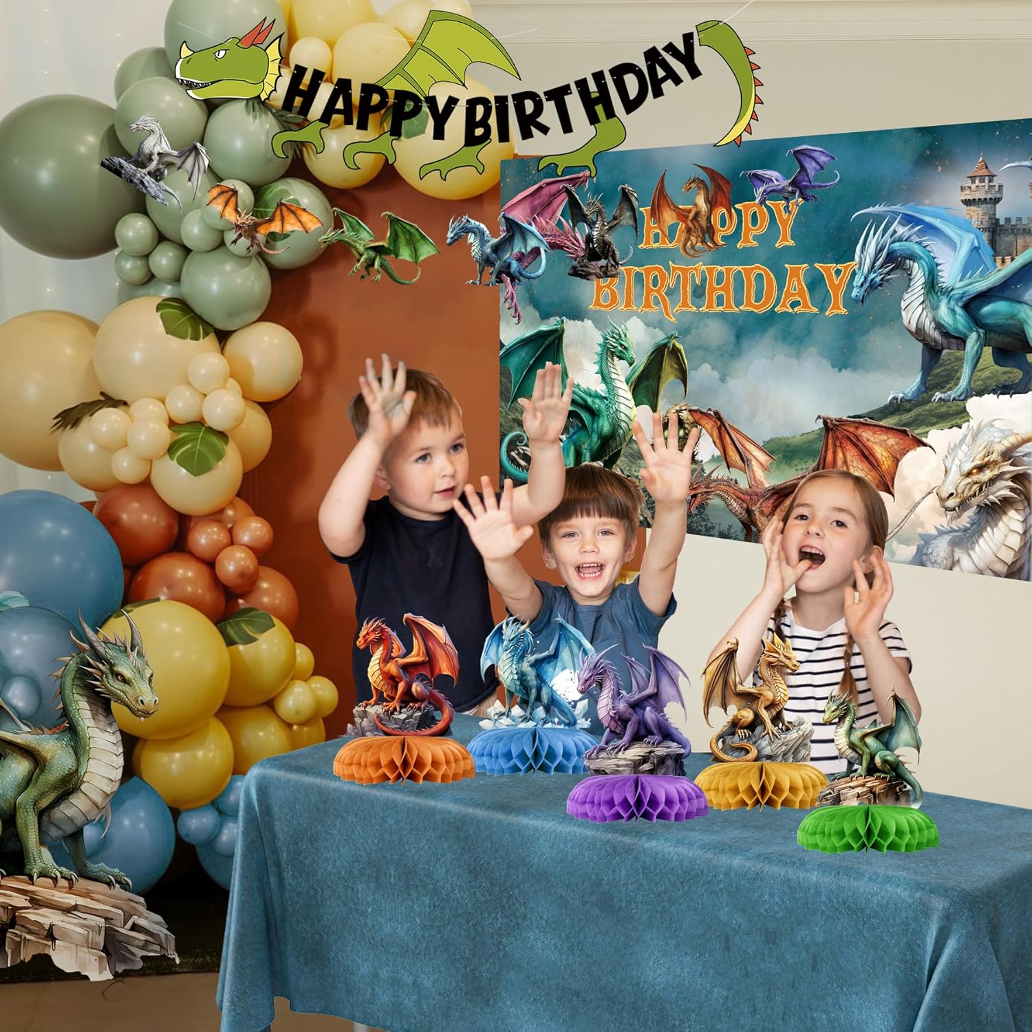 Dragon Birthday Party Decorations Supplies with Dragon Theme Happy Birthday Backdrop Banner Tablecloth Balloon Arch Honeycomb Centerpieces