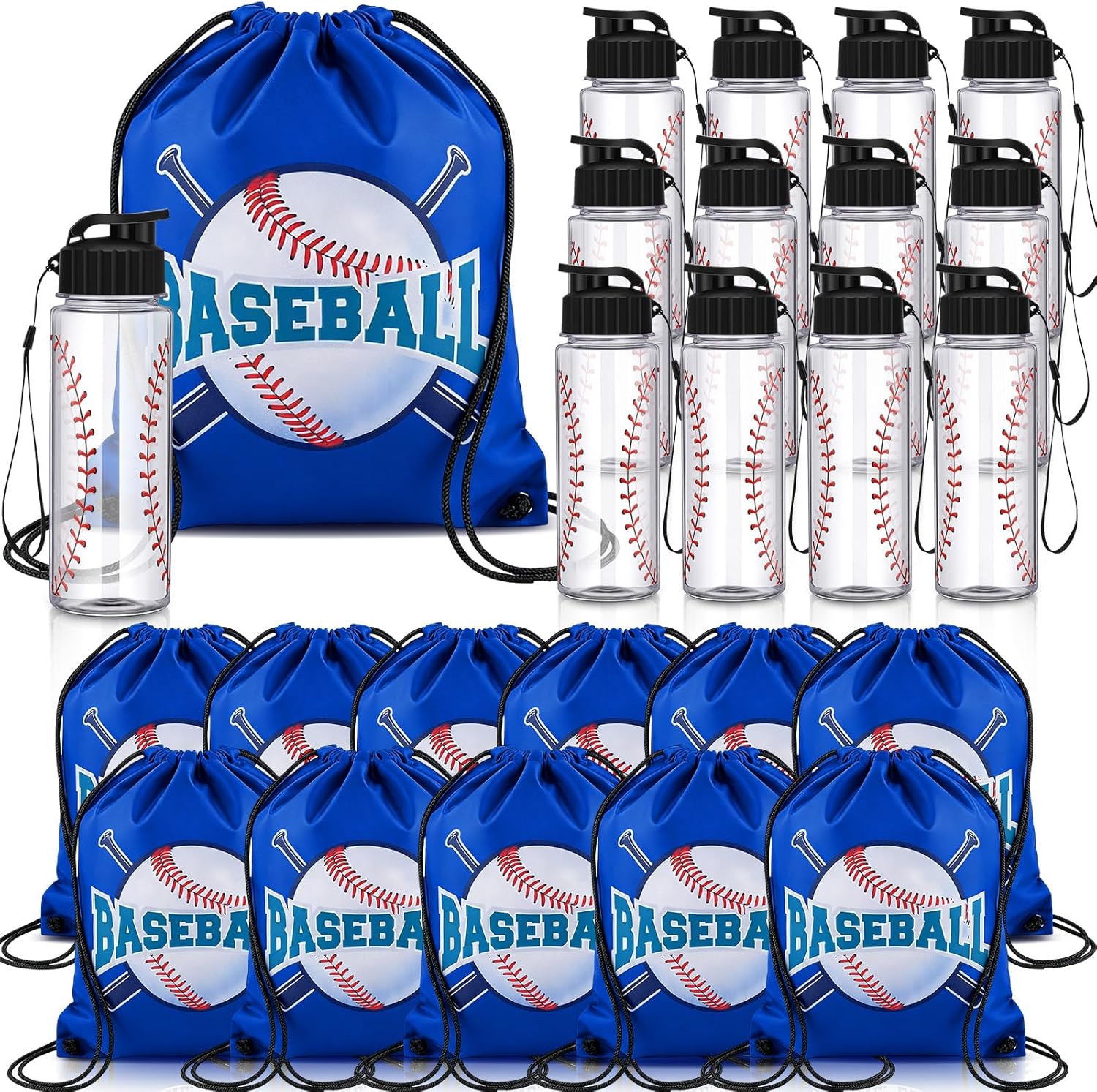 Mifoci 24 Pieces Baseball Water Bottle and Baseball Drawstring Backpack Set 12 Pcs 17oz Reusable Plastic Water Bottle 12 Pcs Gym Goodie Gift Bag for Summer Gym Travel Party Outdoor