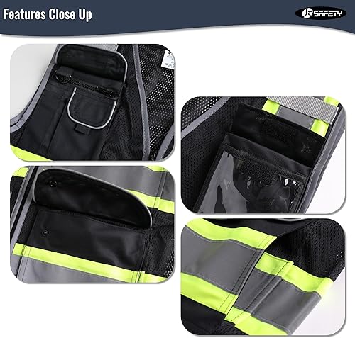 Miniatura 4 de JKSafety Chaleco de seguridad de malla negra de alta visibilidad con 11 bolsillos para hombres y mujeres, construcción reflectante de alta