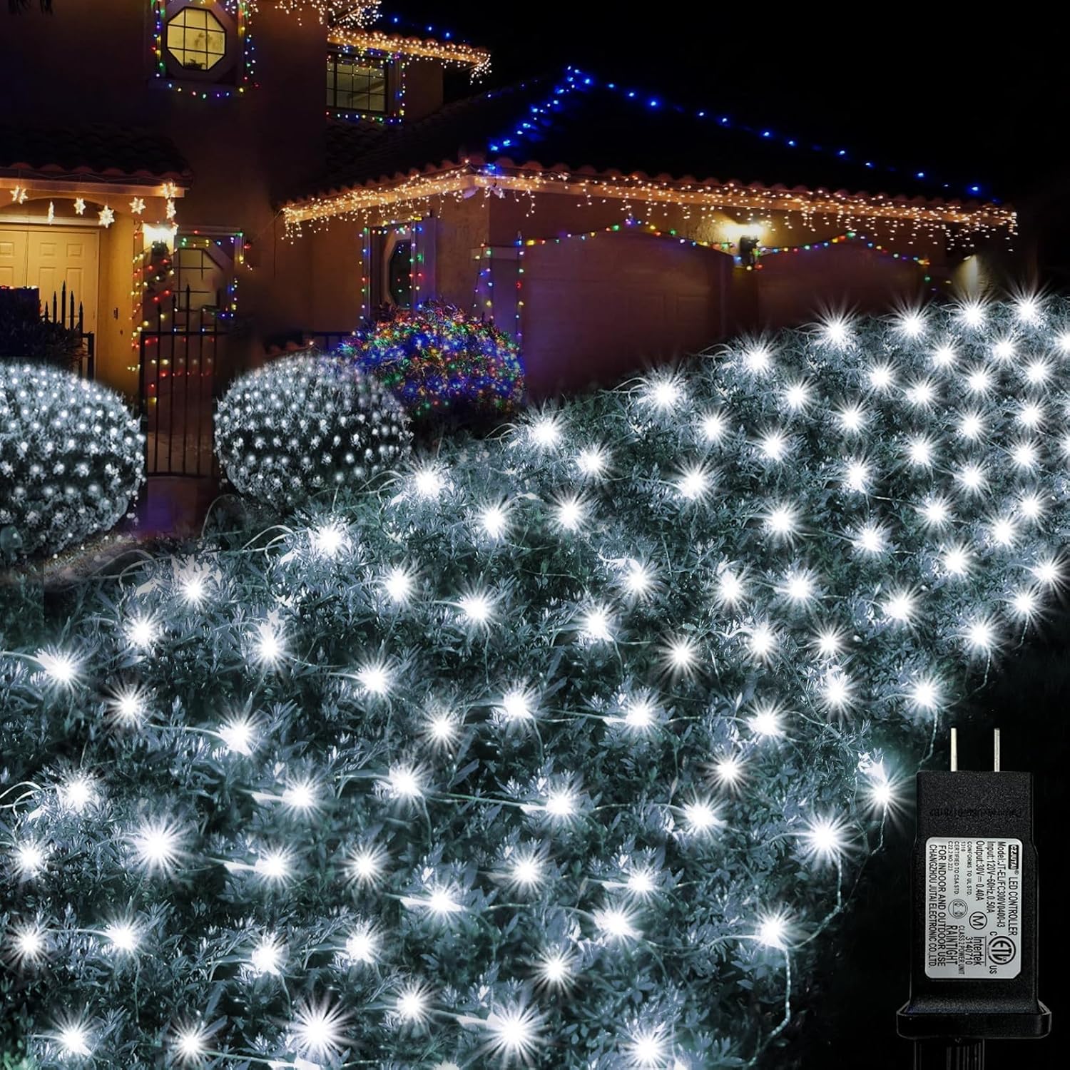 White Net Lights Outdoor, 300 LED Christmas Net Lights, 14.8x4.9 ft Net Mesh Lights for Bushes, 8 Modes Waterproof Twinkle String Lights Connectable for Halloween Hedge Yard Garden Party Decor