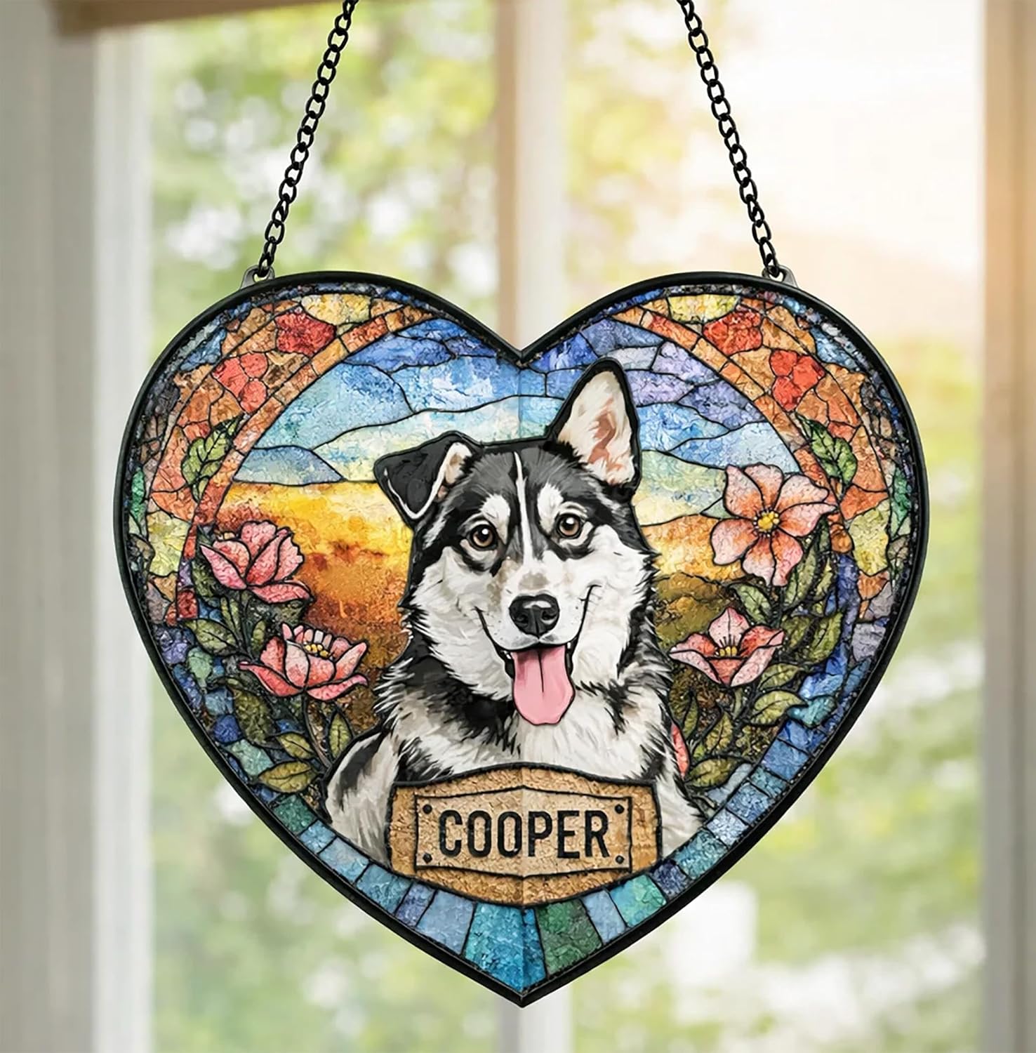 Personalized Dog Portrait Stained Glass Suncatcher - Custom Pet Memorial Gift, Weatherproof Keepsake for Dog Lovers