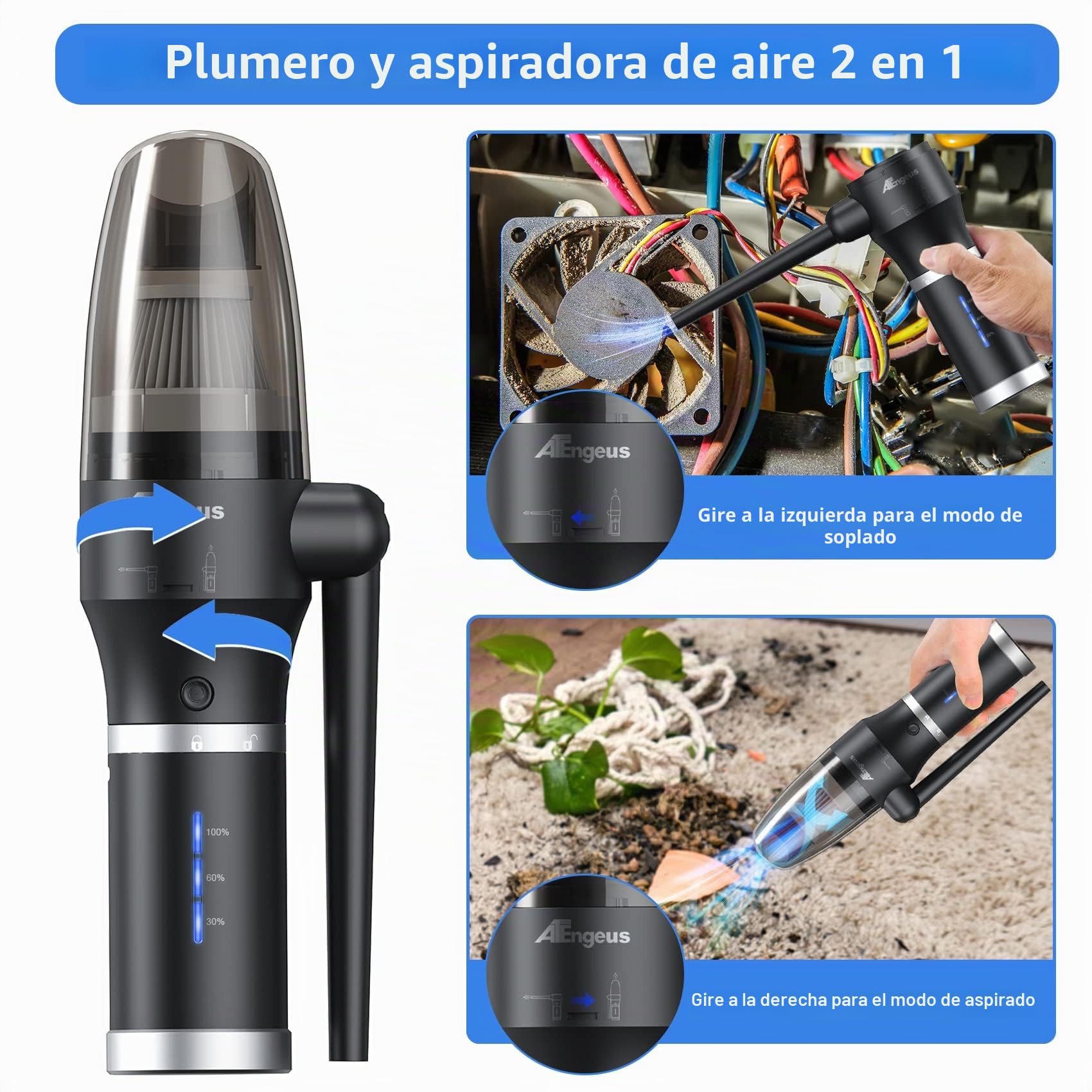 Soplador de Polvo Eléctrico & Aspirador eléctrico, Soplador de Aire de 77000 RPM, 2 Velocidades Plumero de Aire Comprimido para computadora, teclado, coche, La batería se puede quitar y cargar