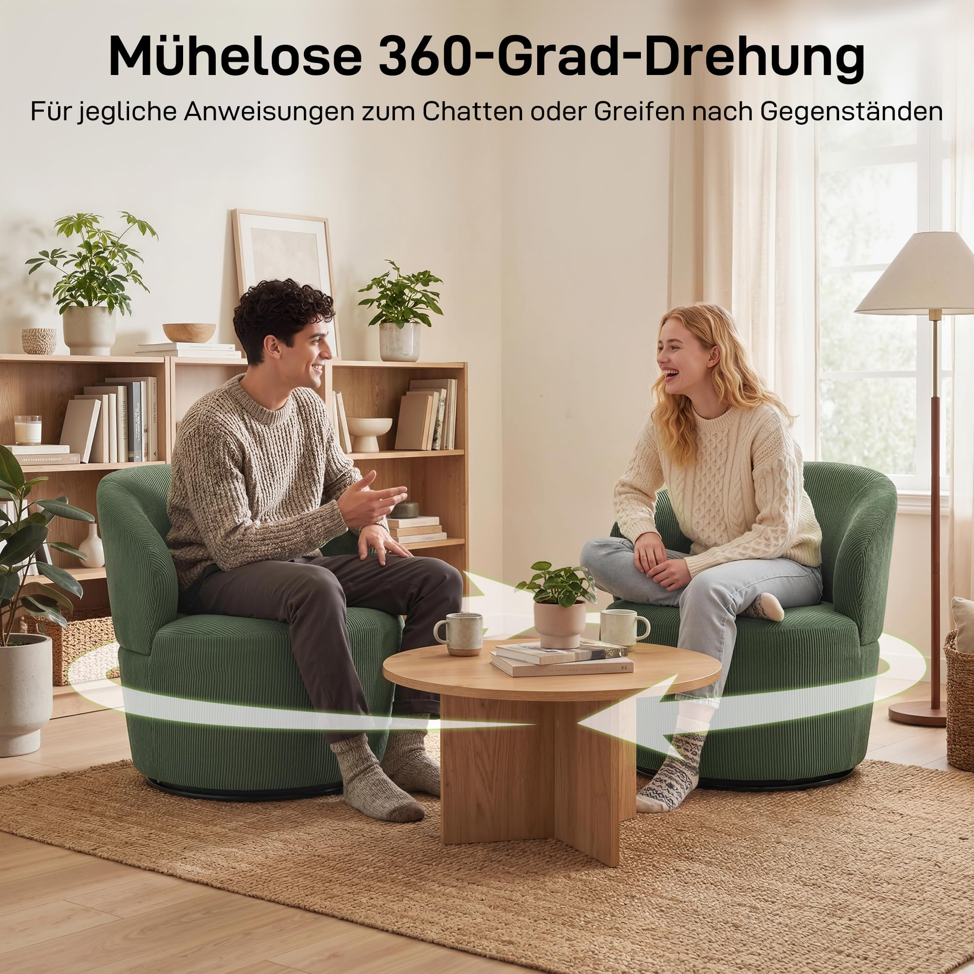 HOMCOM Sessel Drehbar Loungesessel mit Breitem Sitz Moderner Polstersessel mit Geschwungene Rückenlehne und Dicker Polsterung Relaxsessel mit Cord-Optik für Wohnzimmer, Schlafzimmer, Grün