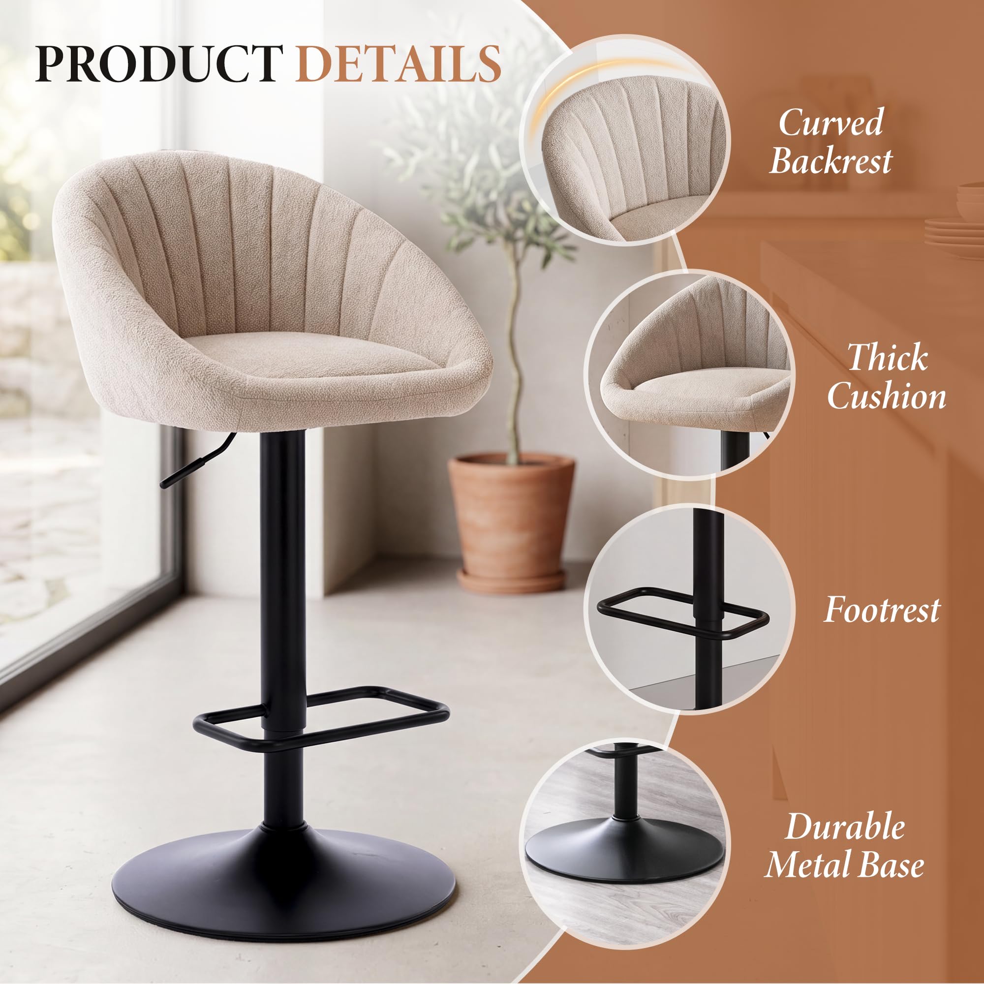 Ya-Home Barhocker 2er Set, Gepolsterter Drehhocker Barstühle höhenverstellbar Küchenhocker aus Handtuch-Stoff Tresenhocker für Küche/Hausbar,Beige
